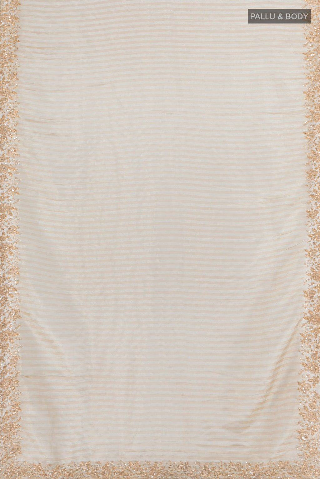 Flat view of Cream Blended Tissue Silk Saree with Embroidery on the body and Embroidery Border. 