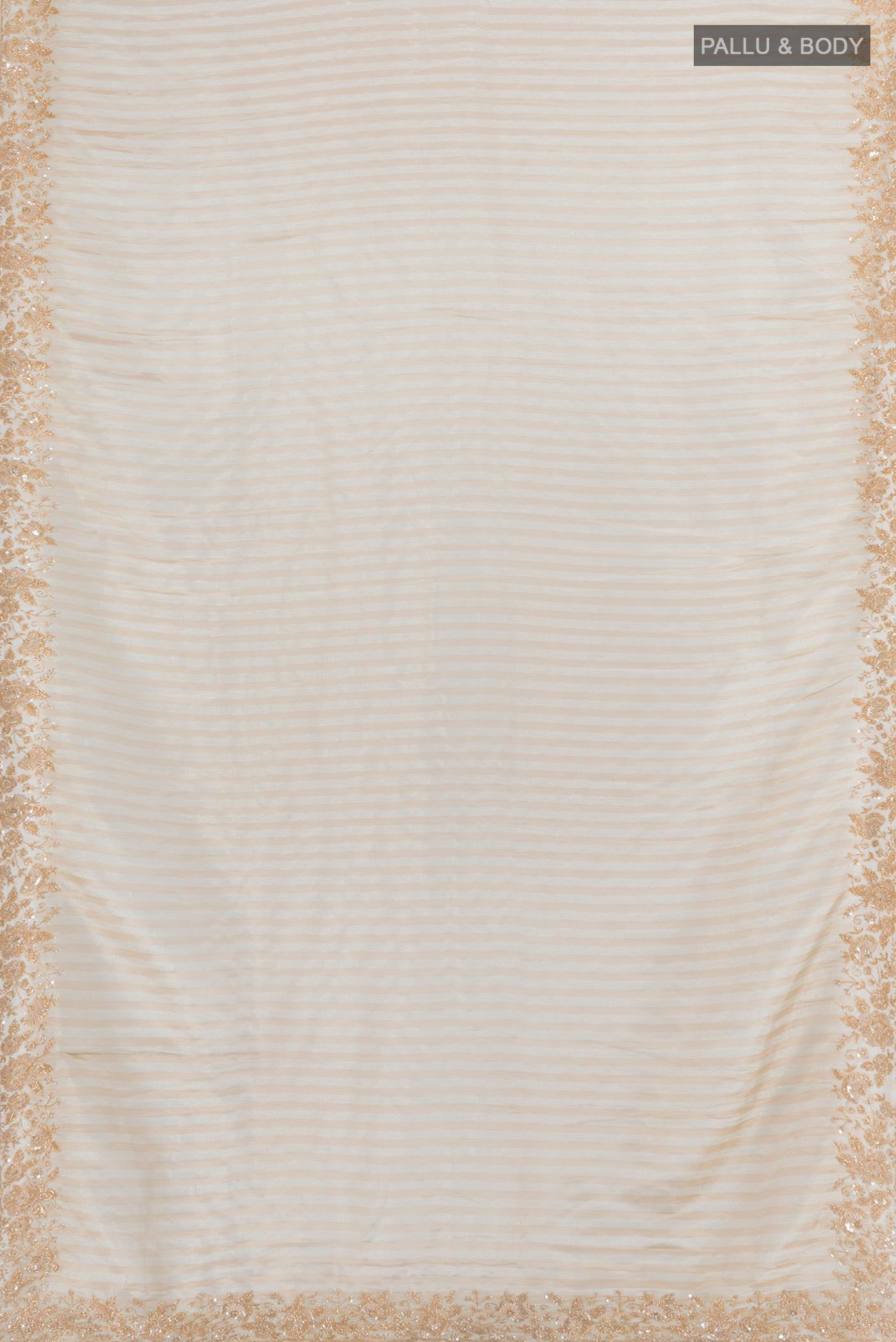 Flat view of Cream Blended Tissue Silk Saree with Embroidery on the body and Embroidery Border. 