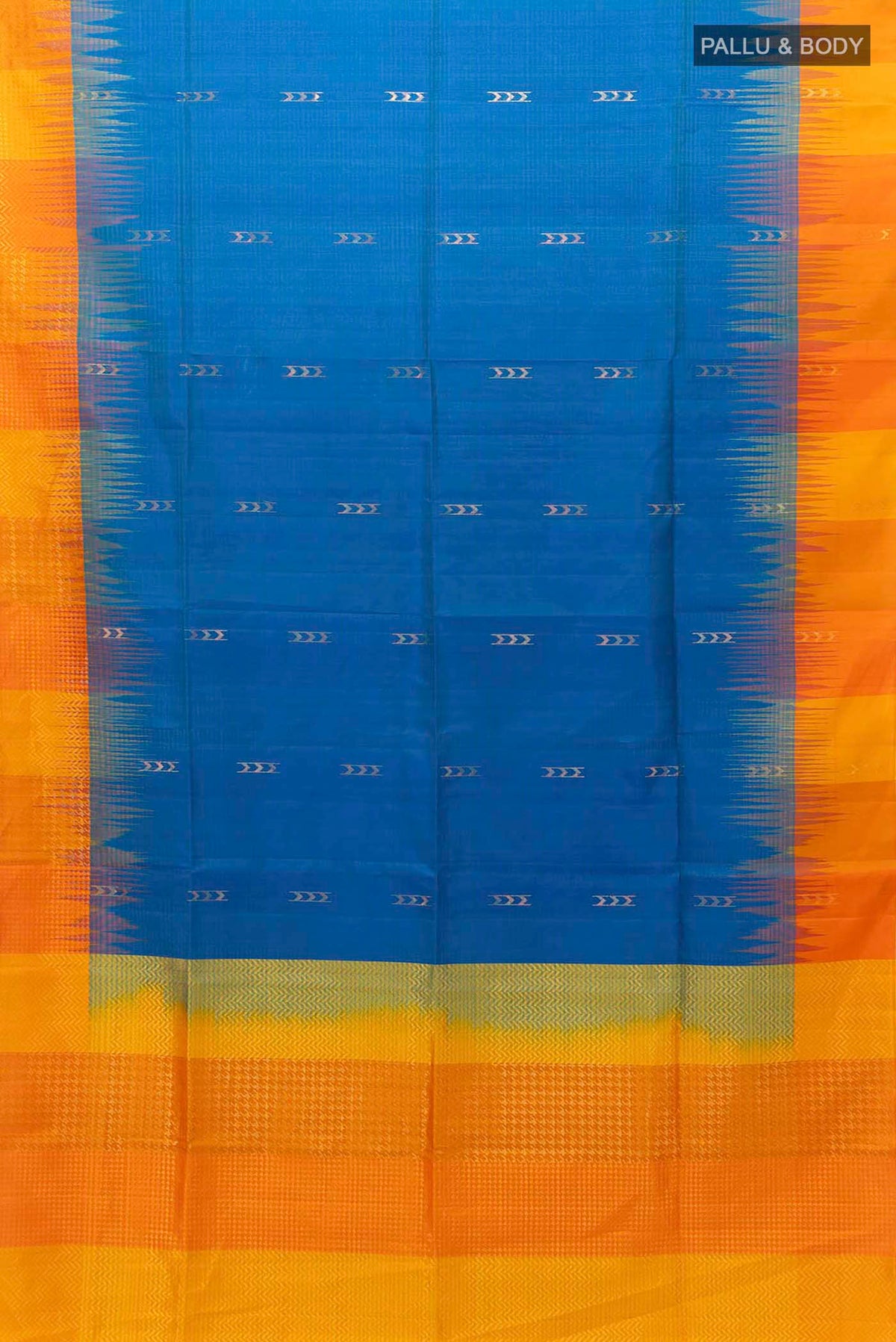 Flat view of Peacock Blue Soft Silk Saree with Zari Brocade on the body and Silk Border