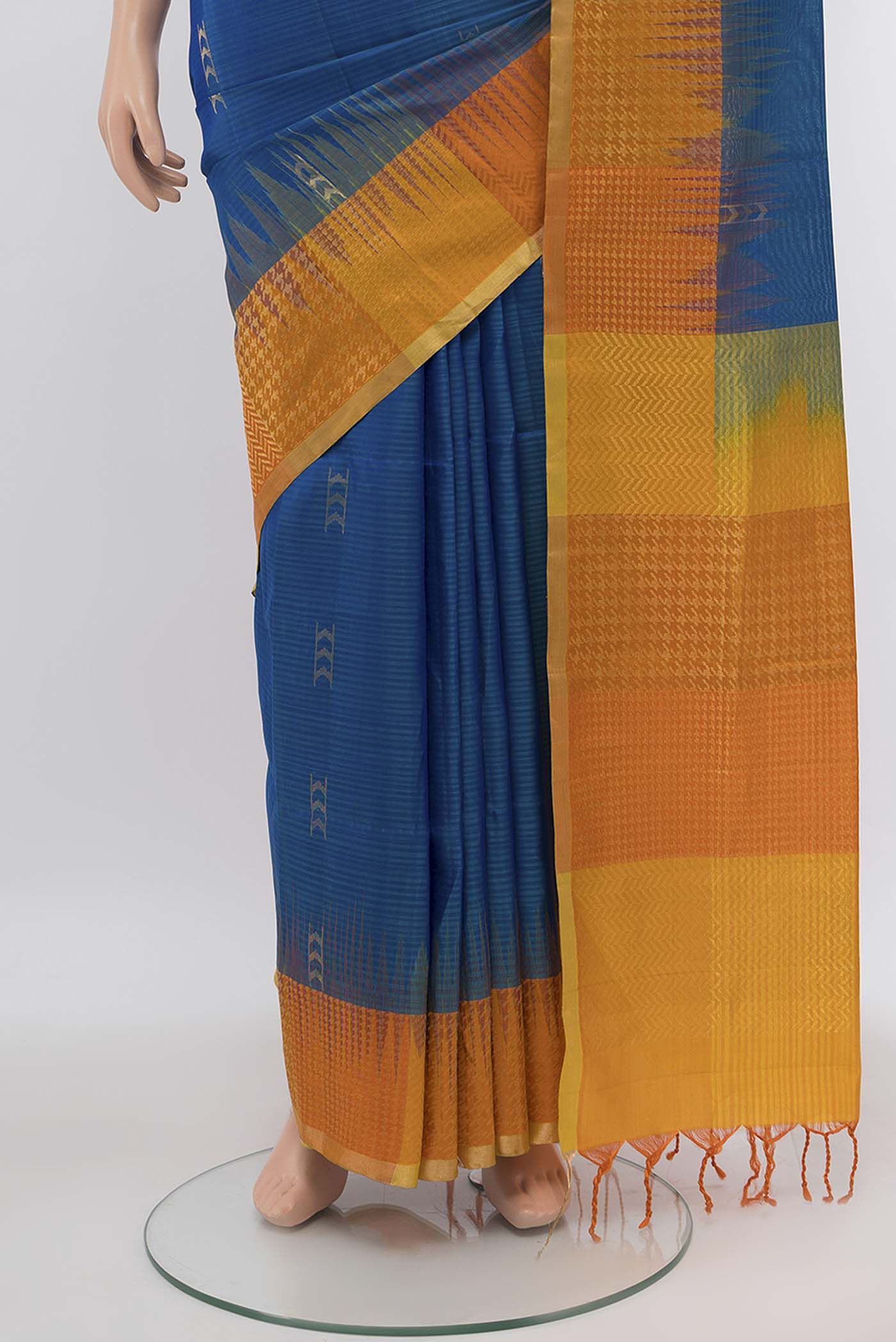 Pleats and pallu of Peacock Blue Soft Silk Saree with Zari Brocade on the body and Silk Border