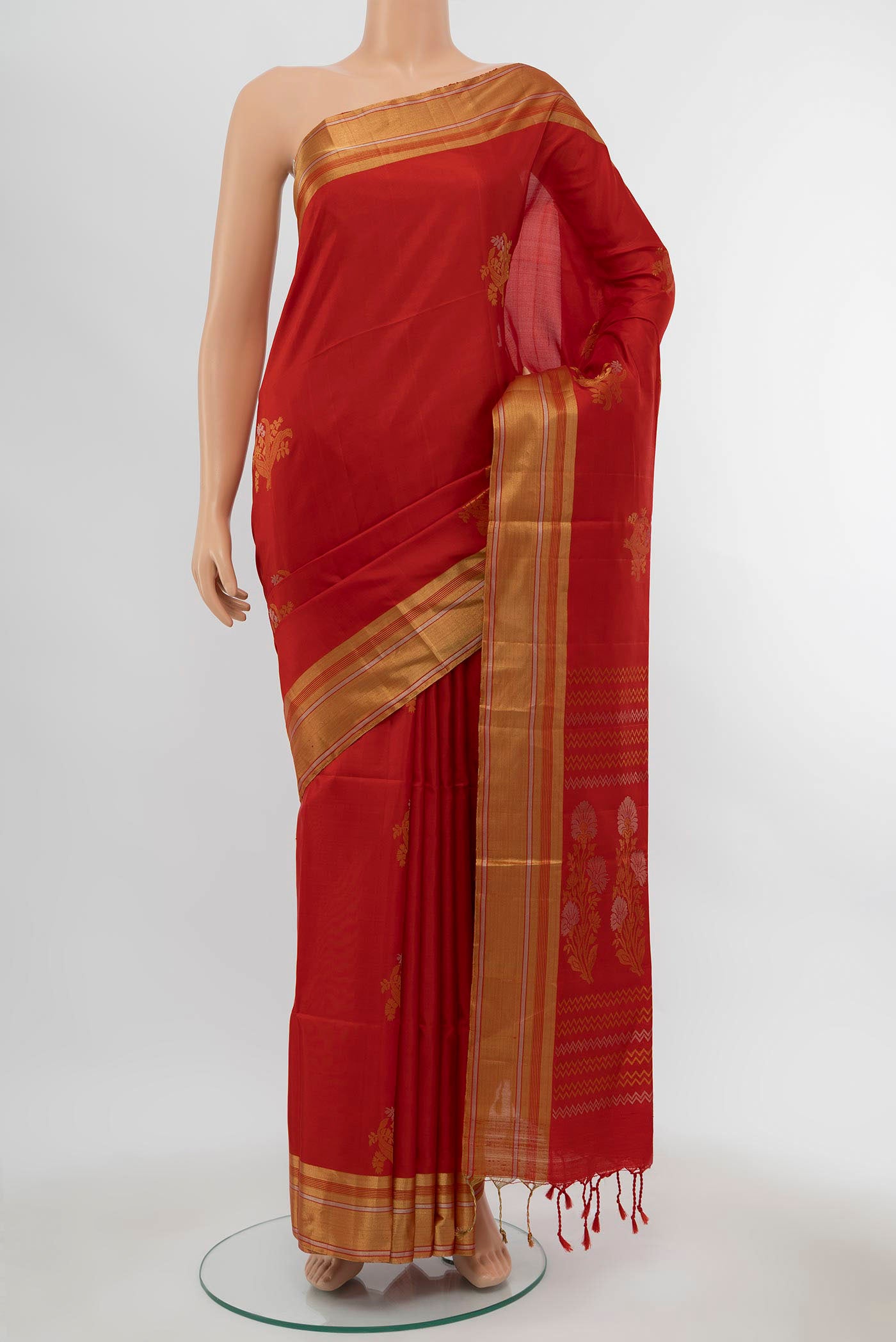 Deep Red Soft Silk Saree with Zari Butta on the body and Silk Border displayed on a mannequin