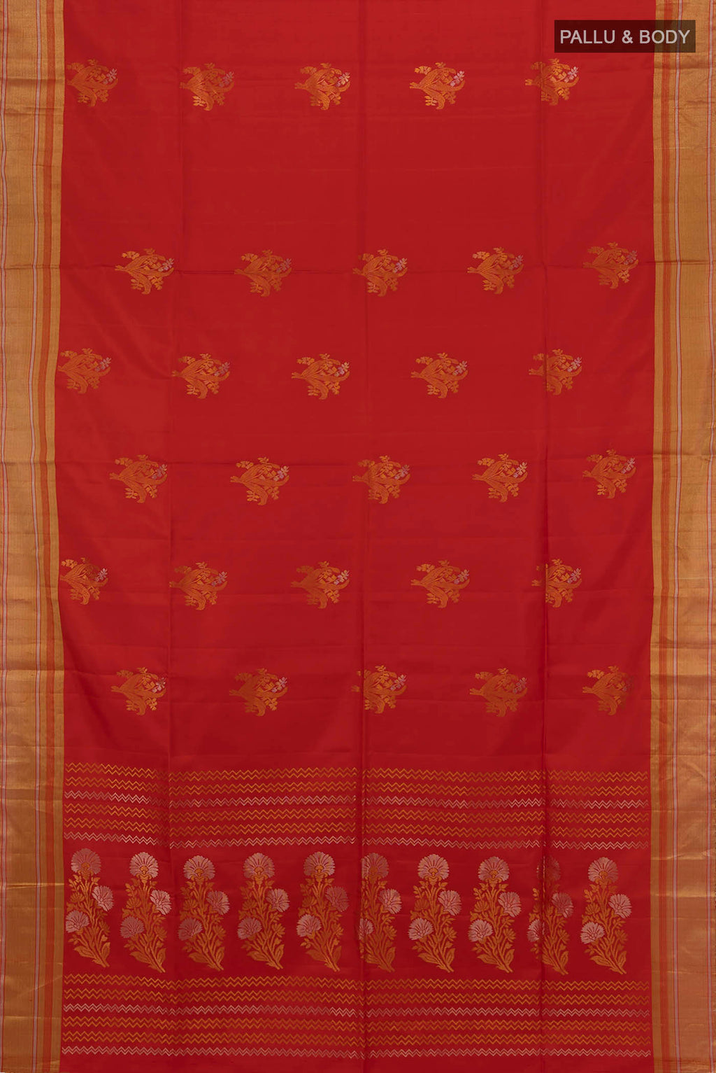 Flat view of Deep Red Soft Silk Saree with Zari Butta on the body and Silk Border