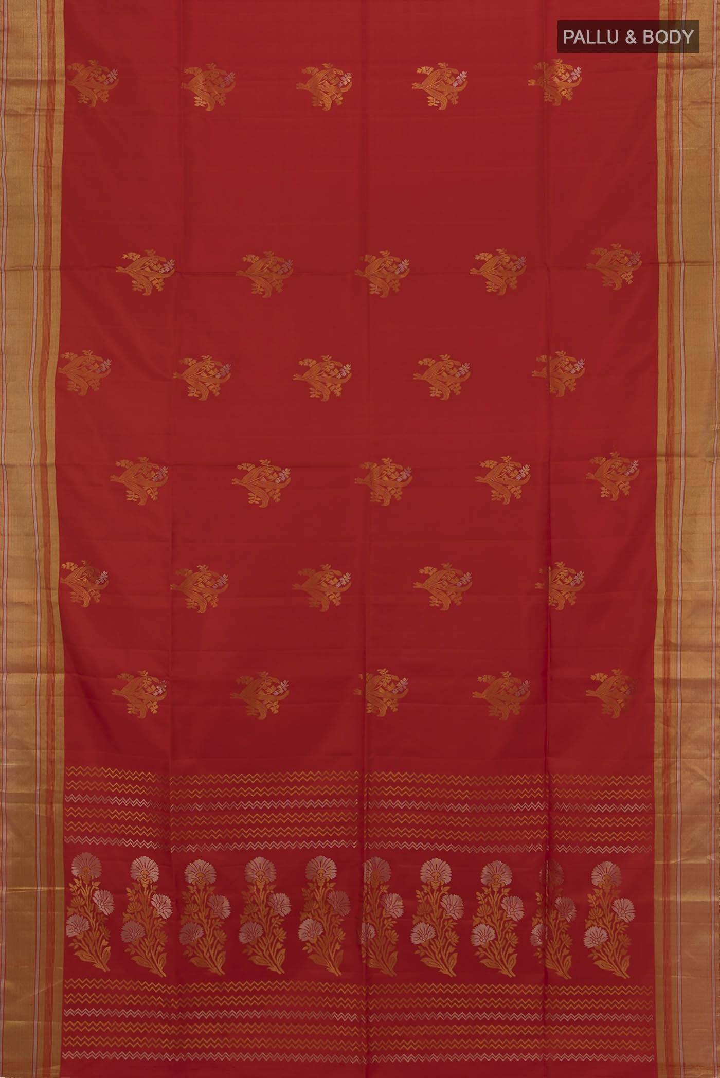 Flat view of Deep Red Soft Silk Saree with Zari Butta on the body and Silk Border