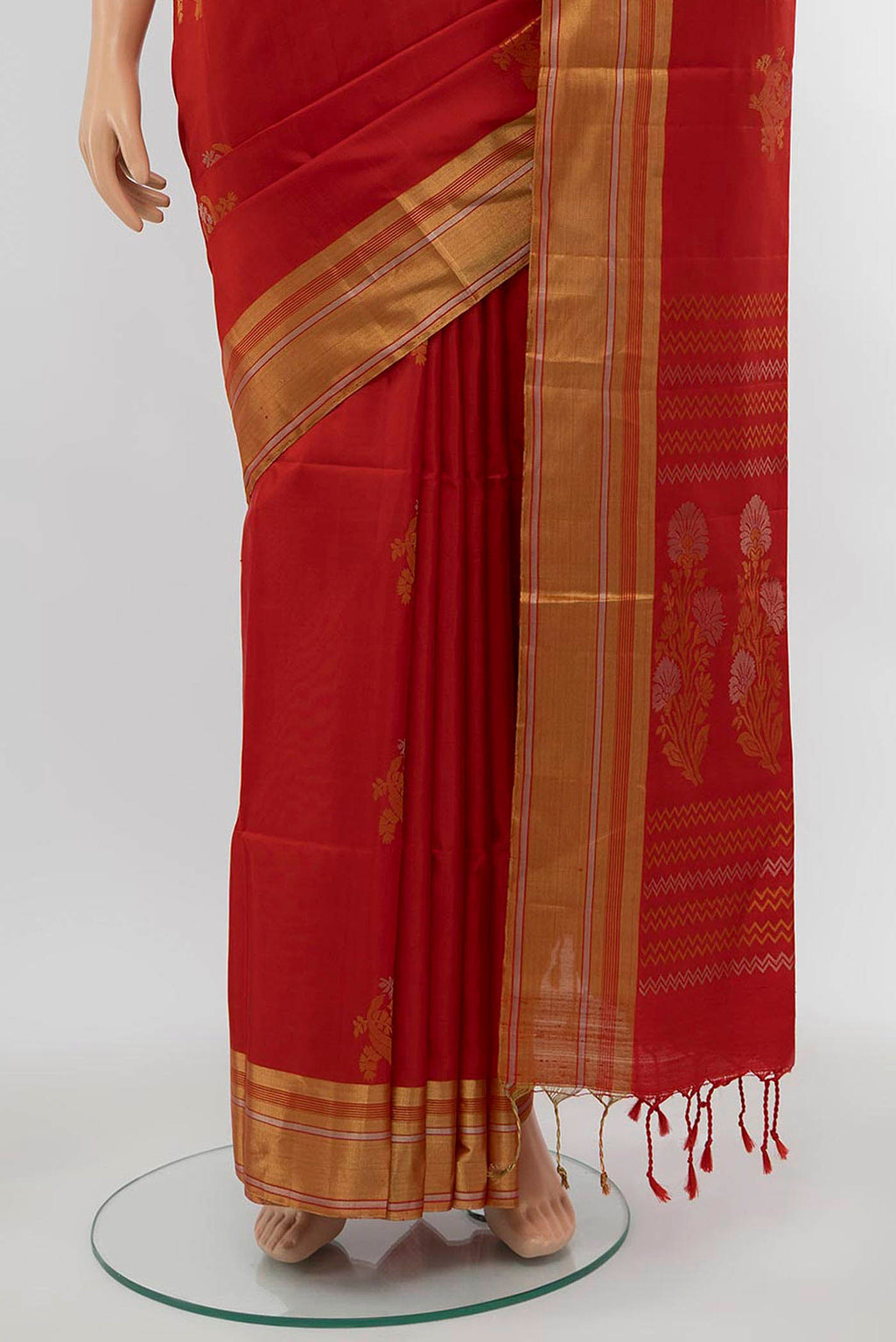 Pleats and pallu of Deep Red Soft Silk Saree with Zari Butta on the body and Silk Border