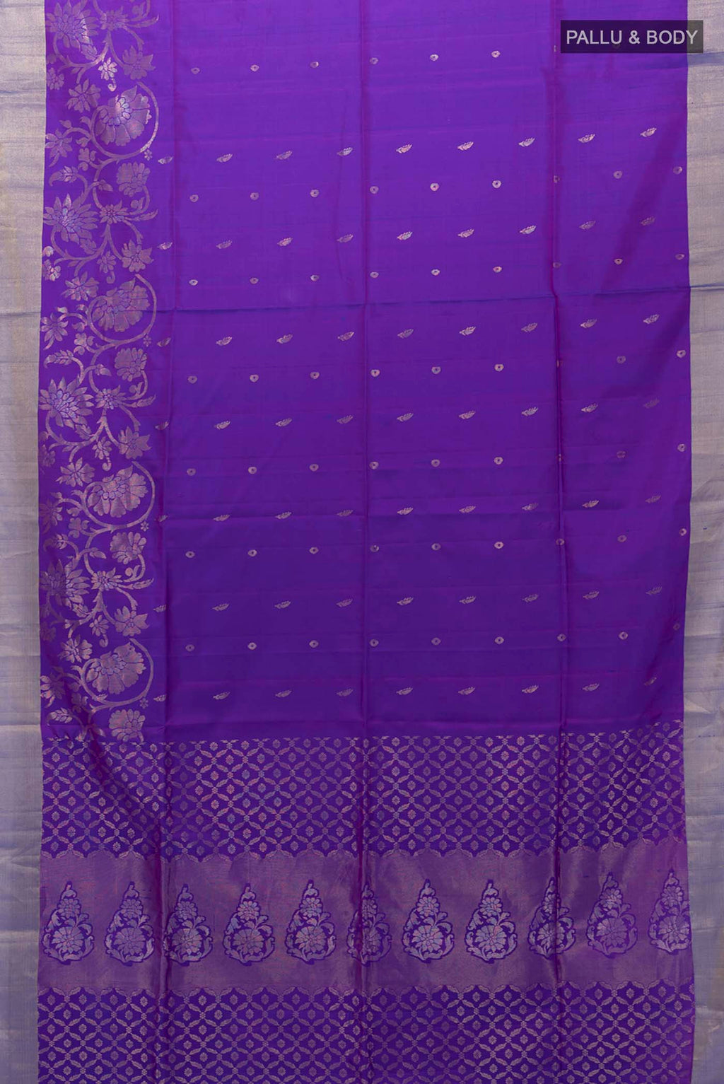 Flat view of Purple Blended Soft Silk Saree with Zari Butta on the body and Zari Border