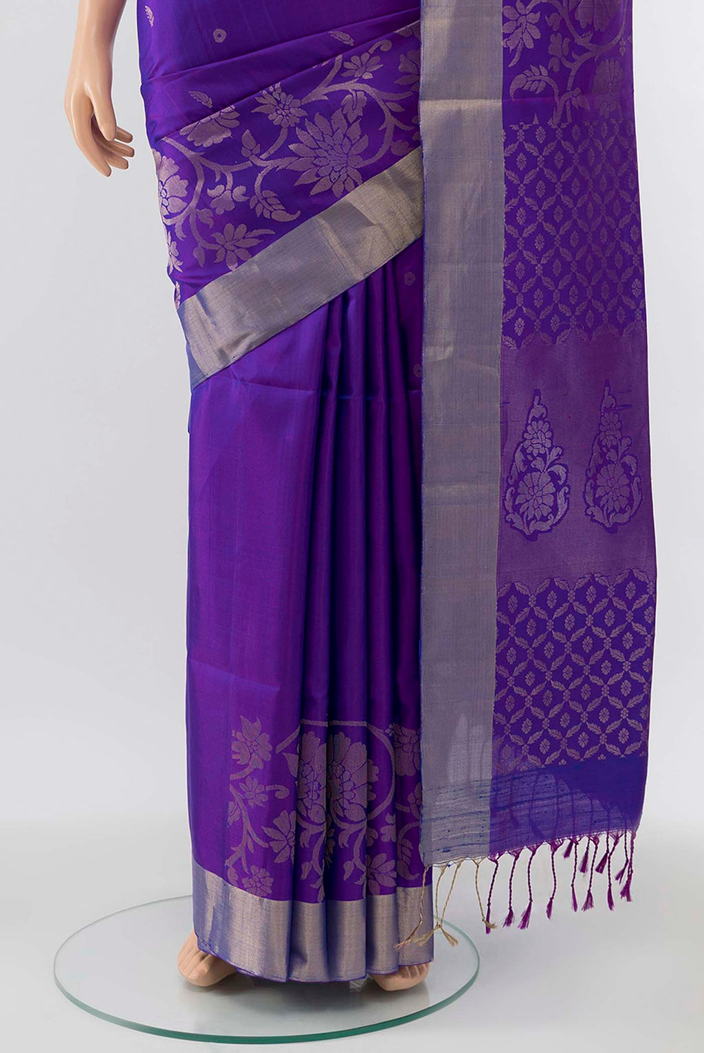 Pleats and pallu of Purple Blended Soft Silk Saree with Zari Butta on the body and Zari Border