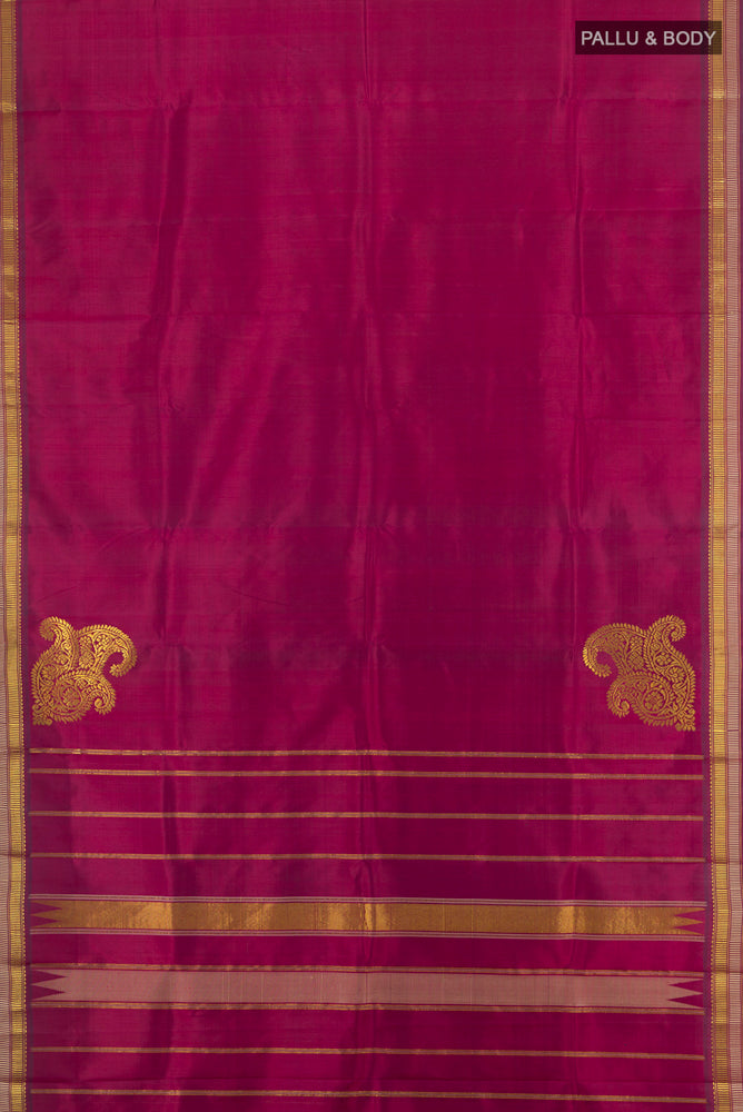 Flat view of Pure Silk Pure Zari Purple Kanchipuram Saree with Zari Butta on the body and Silk Border. 