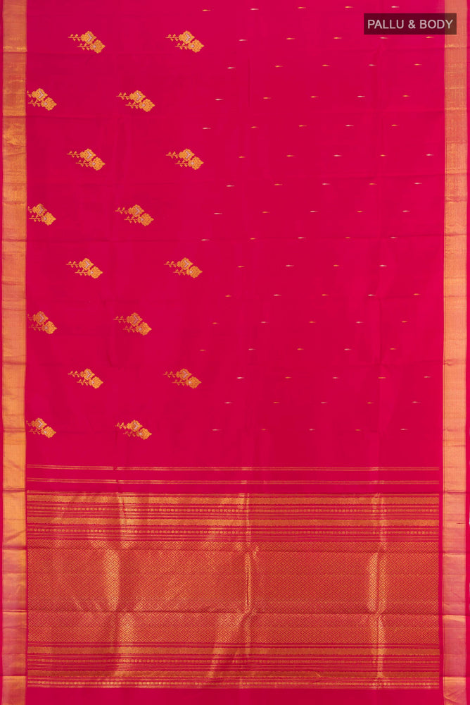 Flat view of Pure Silk Pure Zari Maroon Kanjivaram Saree with Zari Butta on the body and Silk Border. 