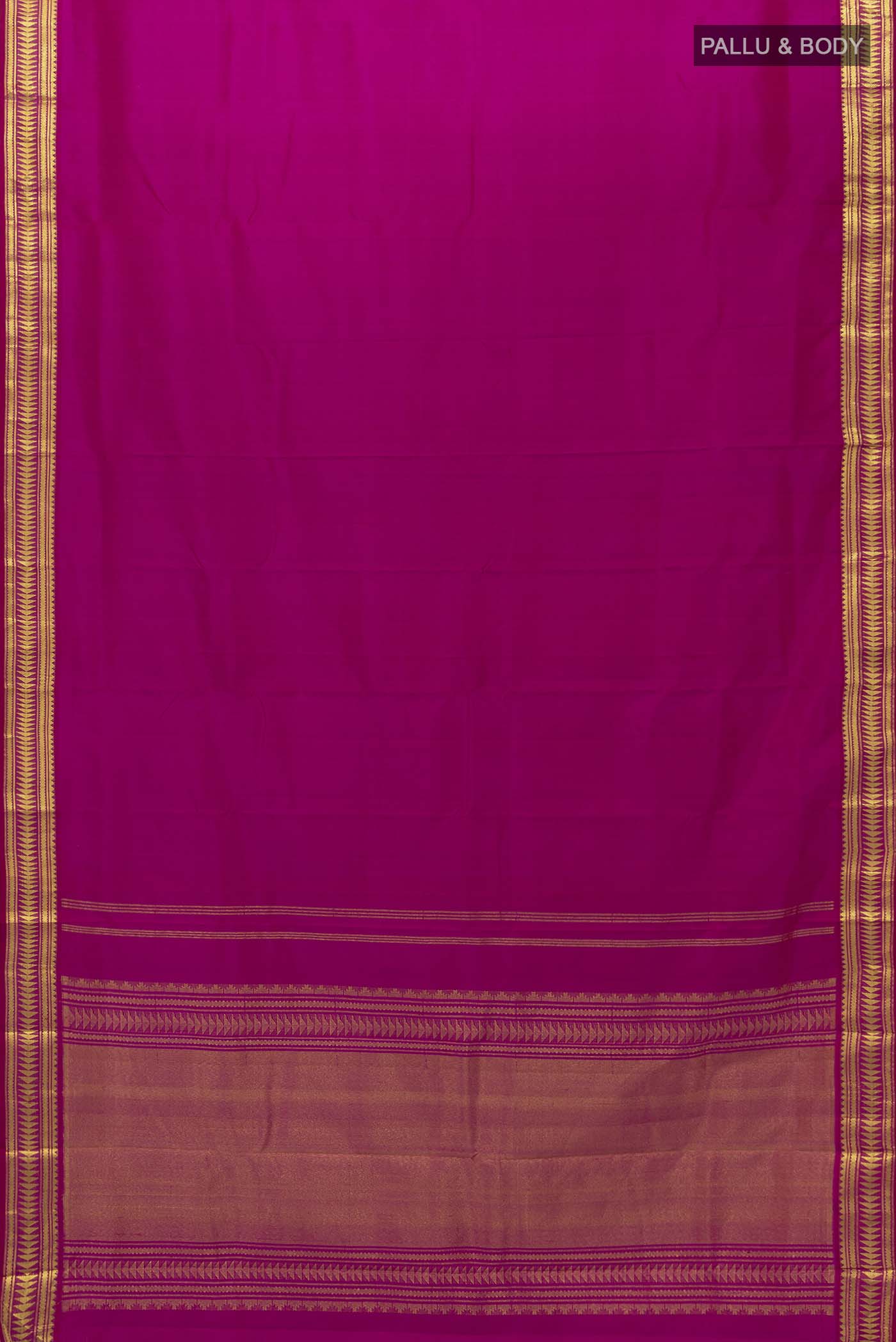 Flat view of Magenta Kanchipuram Silk Saree with Plain Body and Fancy Border