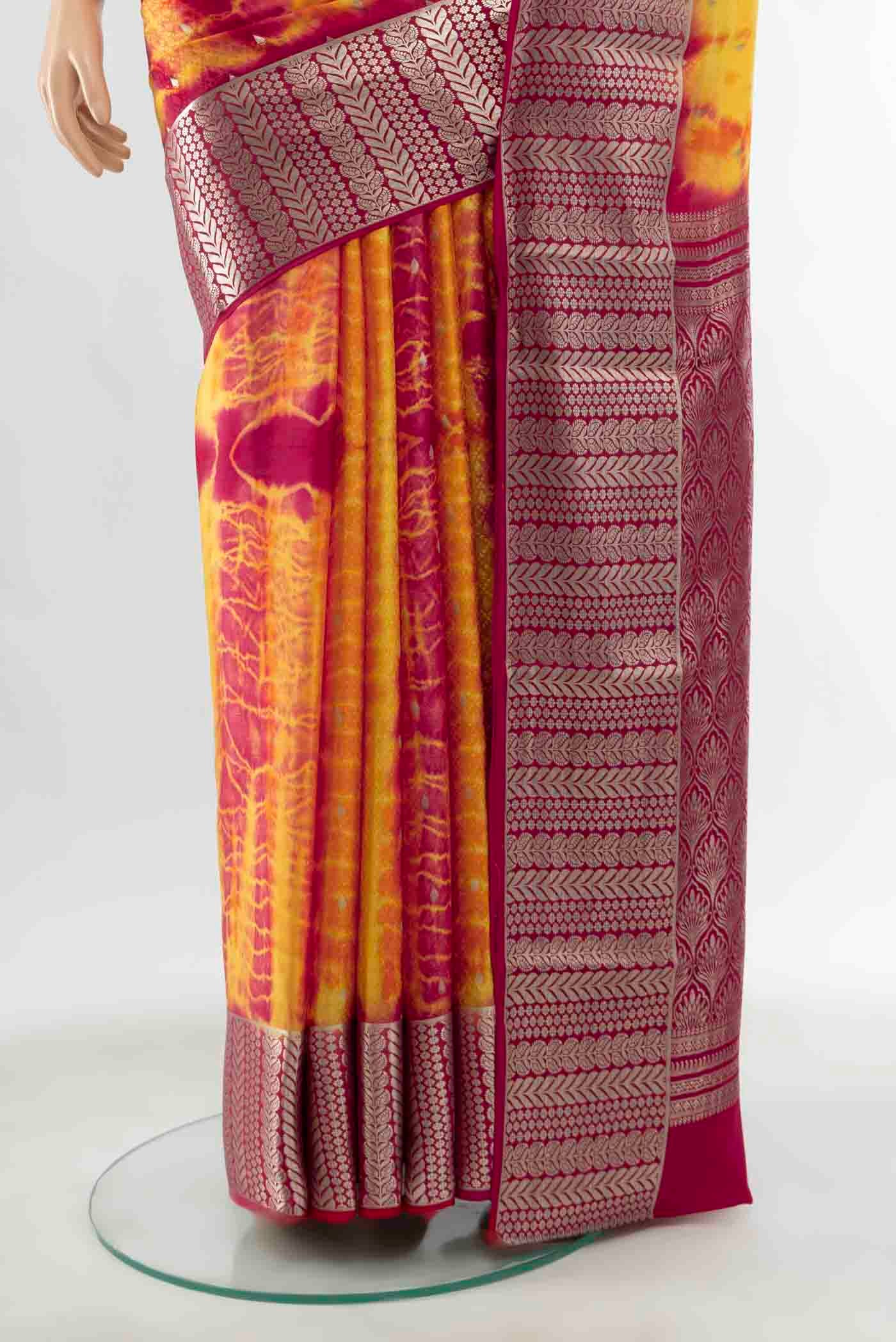 Pleats and pallu of Multi Color Mysore Crepe Saree with Zari Butta on the body and Zari Border