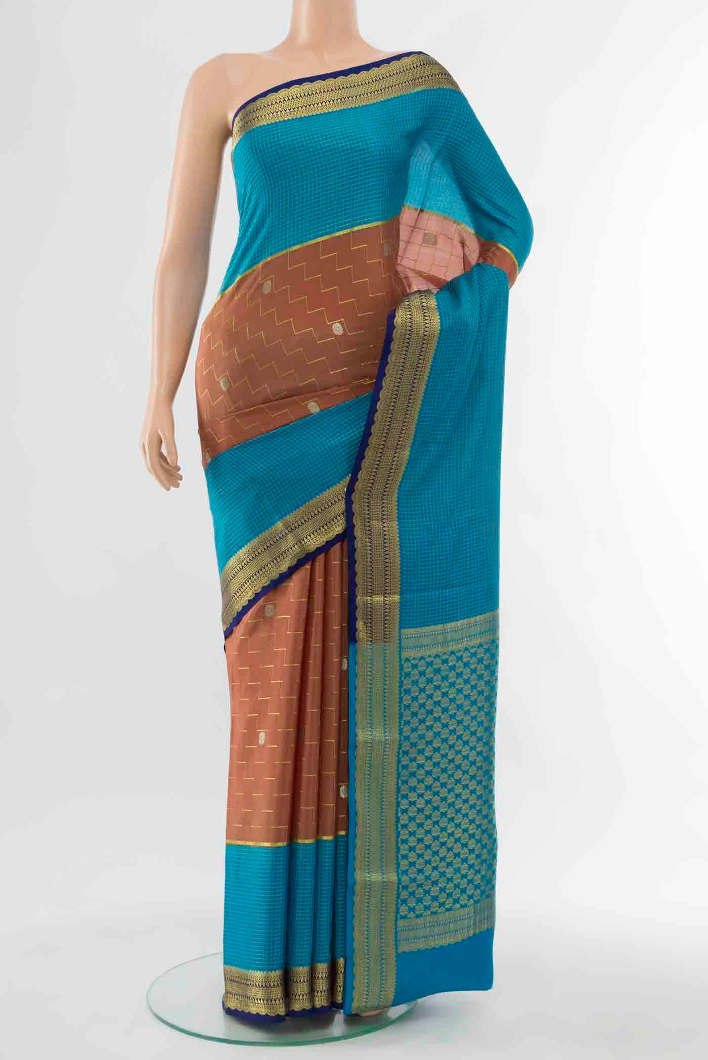 Multi Color Mysore Crepe Saree with Plain Body and Thread Border displayed on a mannequin