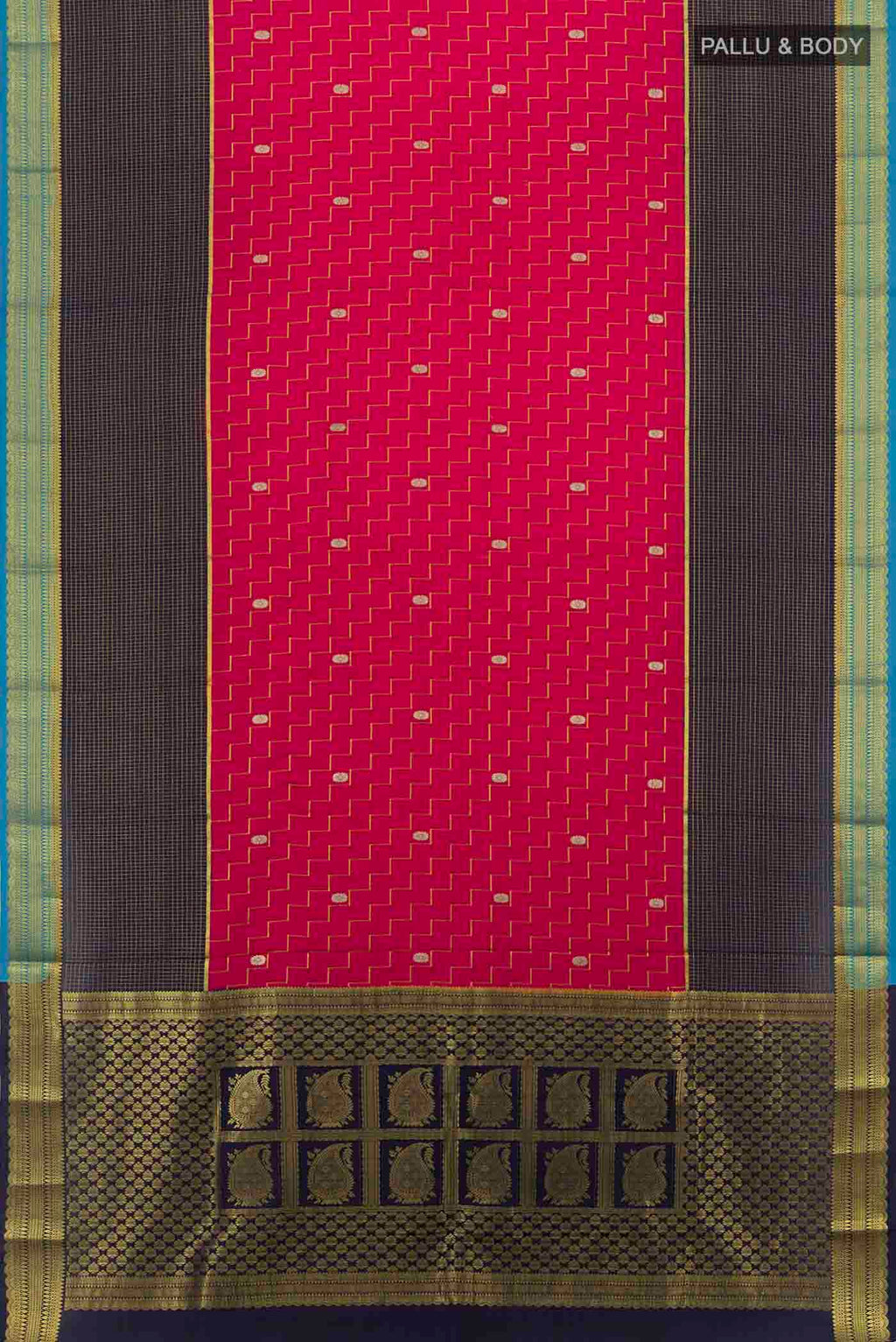 Flat view of Dark Pink Mysore Crepe Saree with Zari Brocade on the body and Silk Border