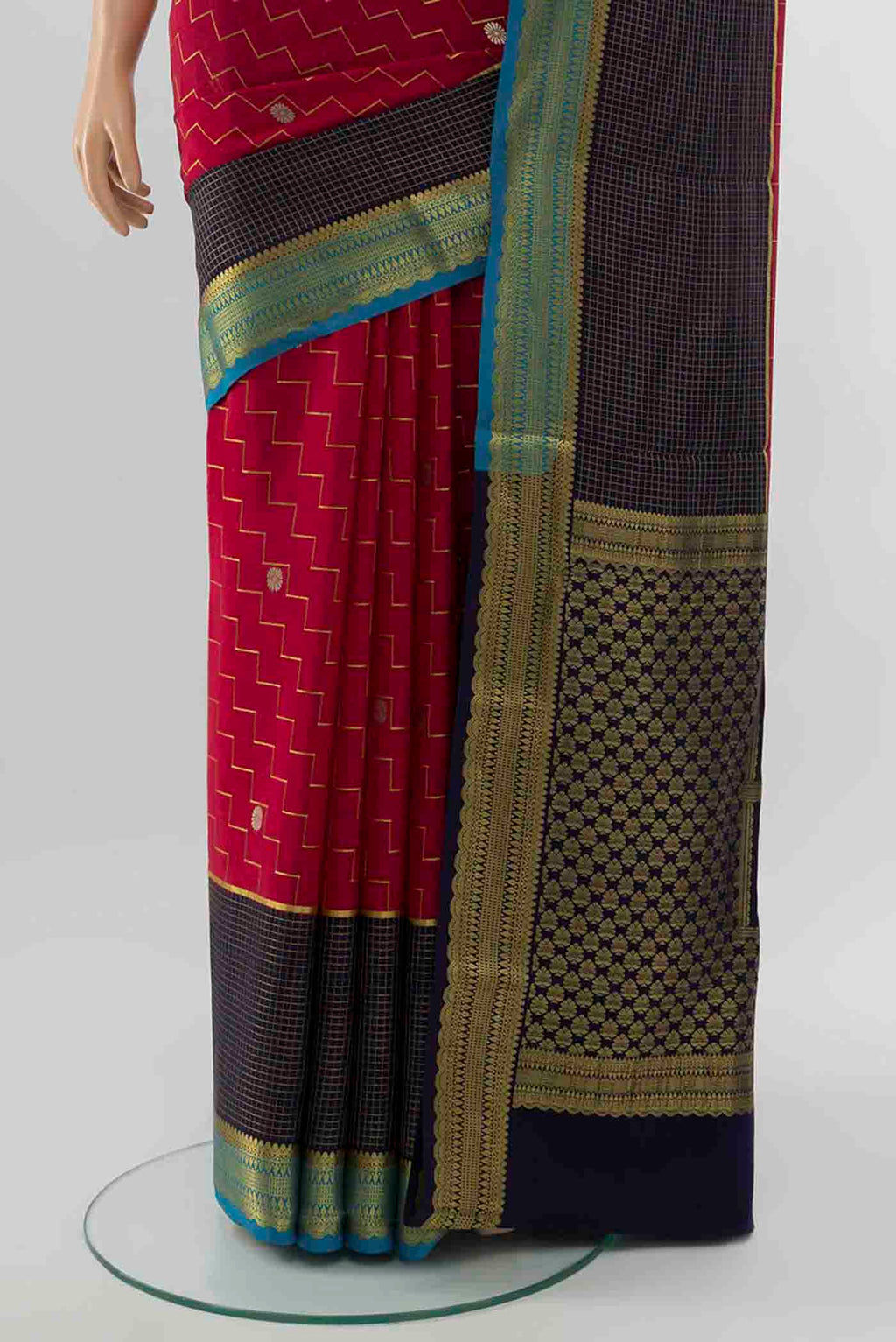 Pleats and pallu of Dark Pink Mysore Crepe Saree with Zari Brocade on the body and Silk Border