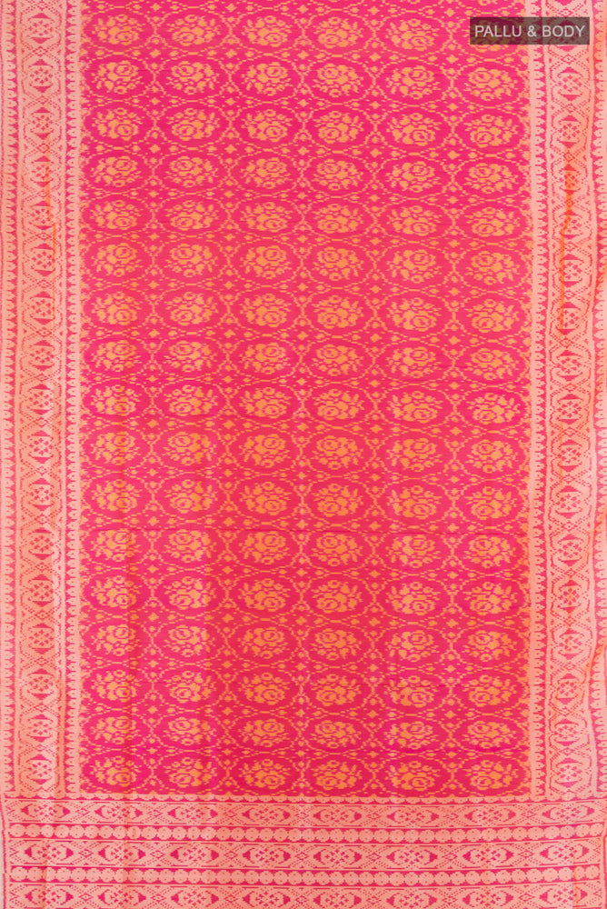Flat view of Multi Color Rajkot Patola Silk Saree with Ikat Print on the body and Silk Border. 