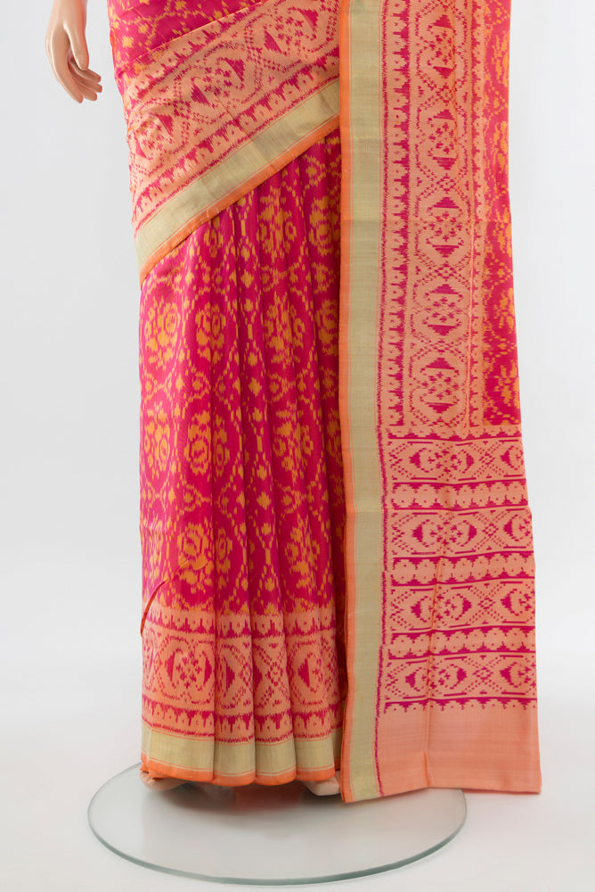 Pleats and pallu of Multi Color Rajkot Patola Silk Saree with Ikat Print on the body and Silk Border. 