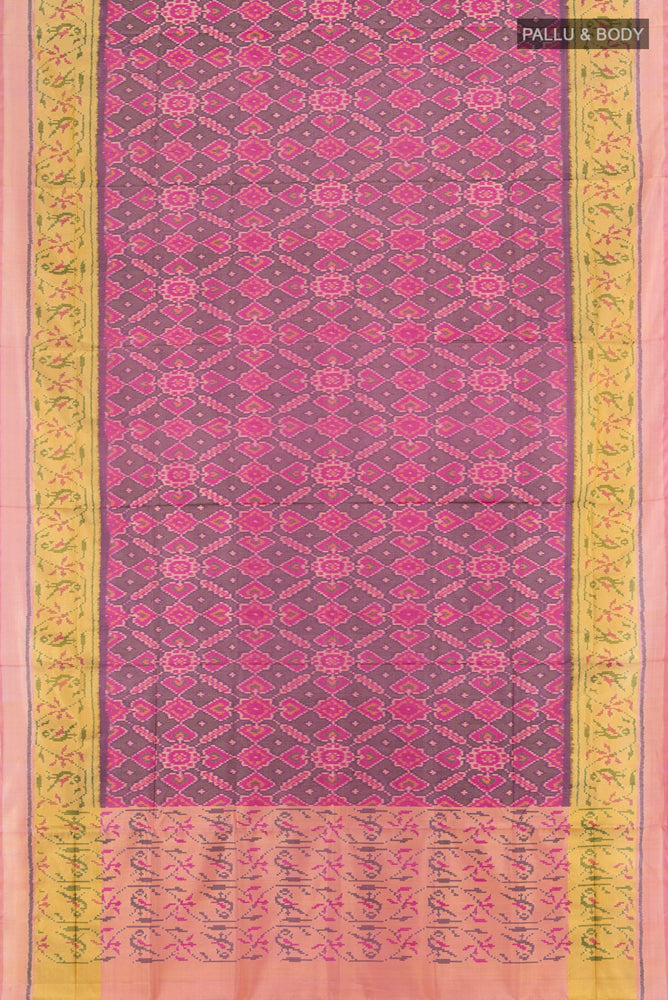 Flat view of Multi Color Rajkot Patola Silk Saree with Ikat Print on the body and Silk Border. 