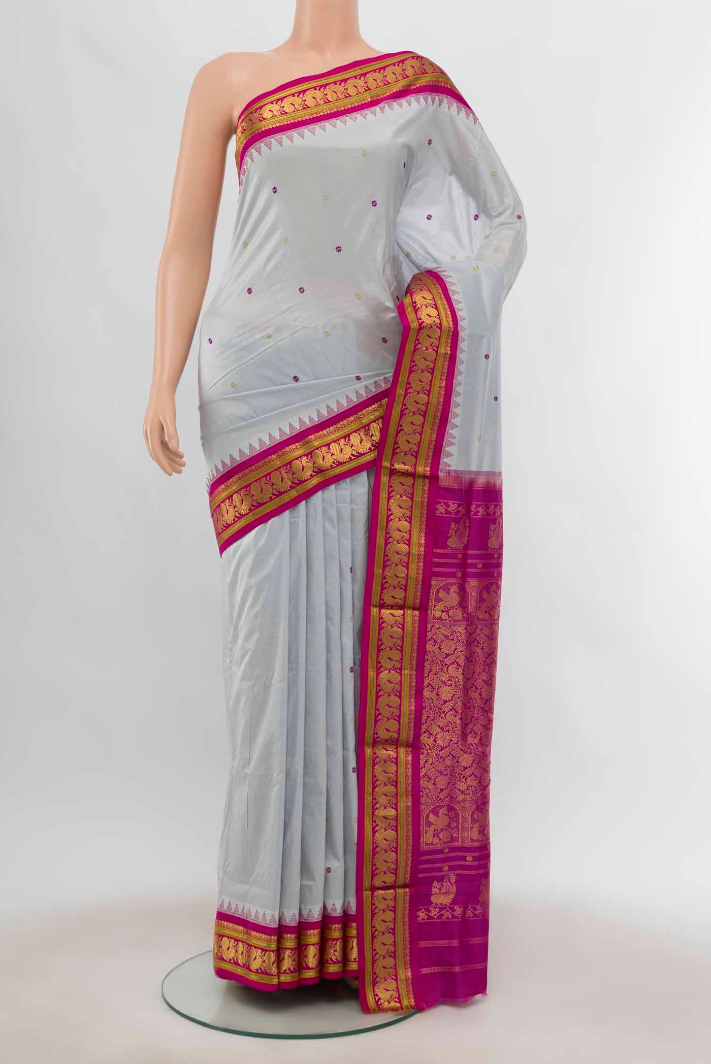 Davys Grey Bangalore Silk - kadyal Nine Yards Saree with Zari Butta on the body and Silk Border displayed on a mannequin