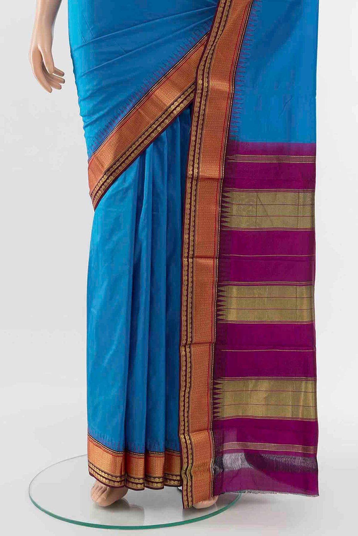 Pleats and pallu of Blue Bangalore Silk - kadyal Saree with Zari Butta on the body and Silk Border