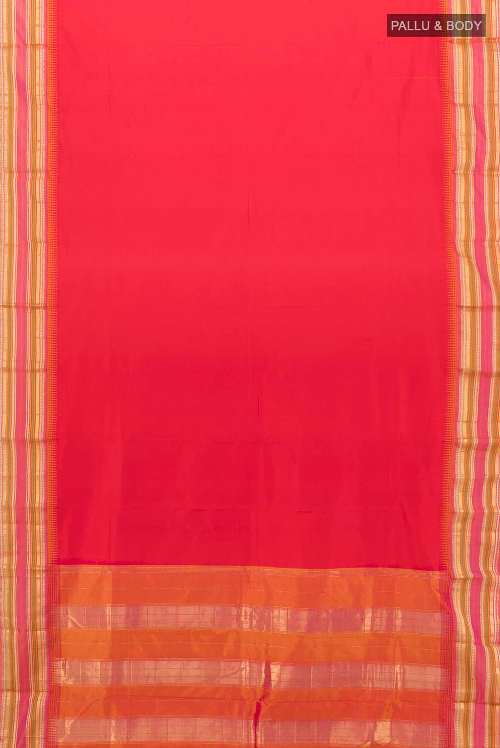 Flat view of Deep Red Bangalore Silk - kadyal Saree with Zari Butta on the body and Fancy Border