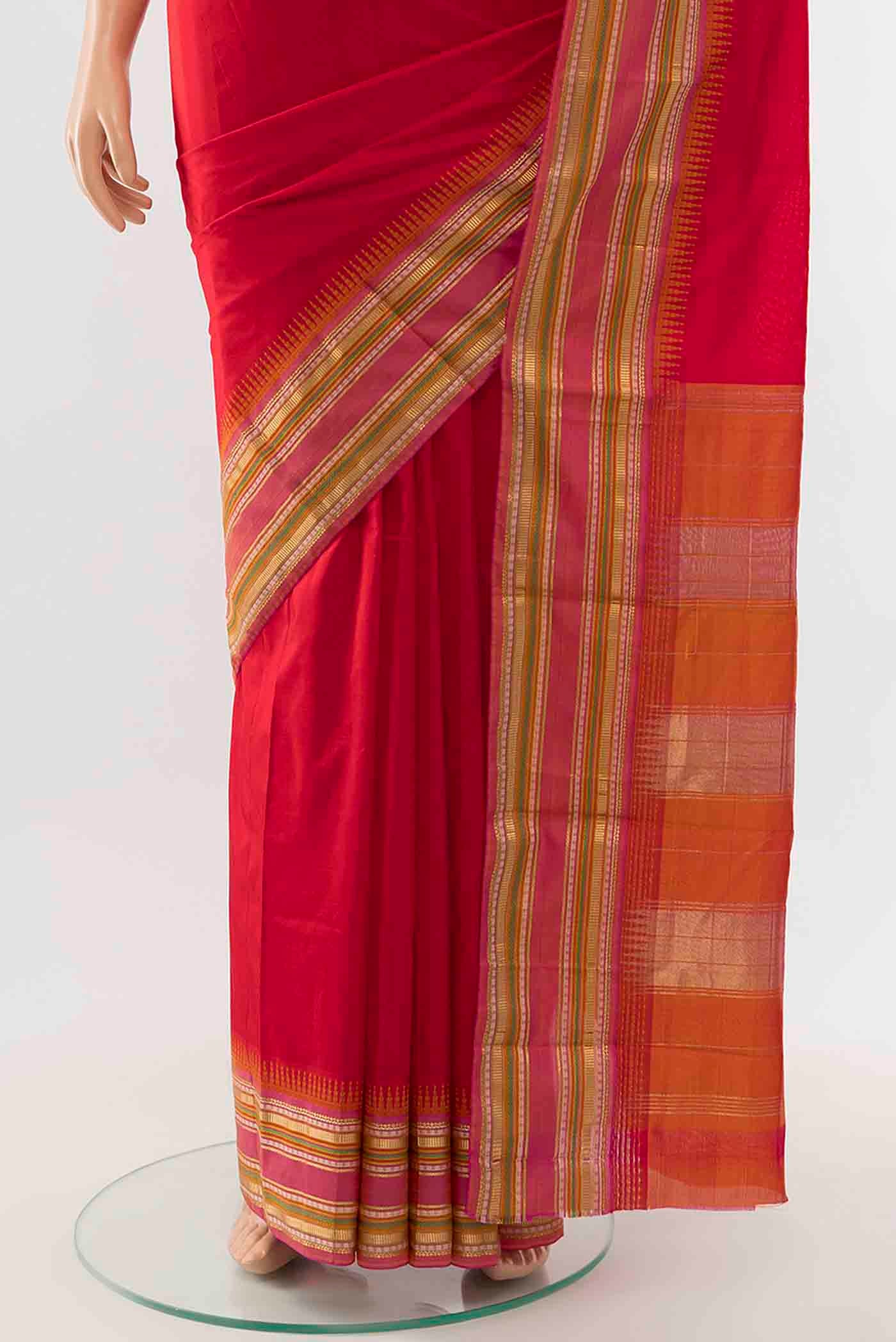 Pleats and pallu of Deep Red Bangalore Silk - kadyal Saree with Zari Butta on the body and Fancy Border
