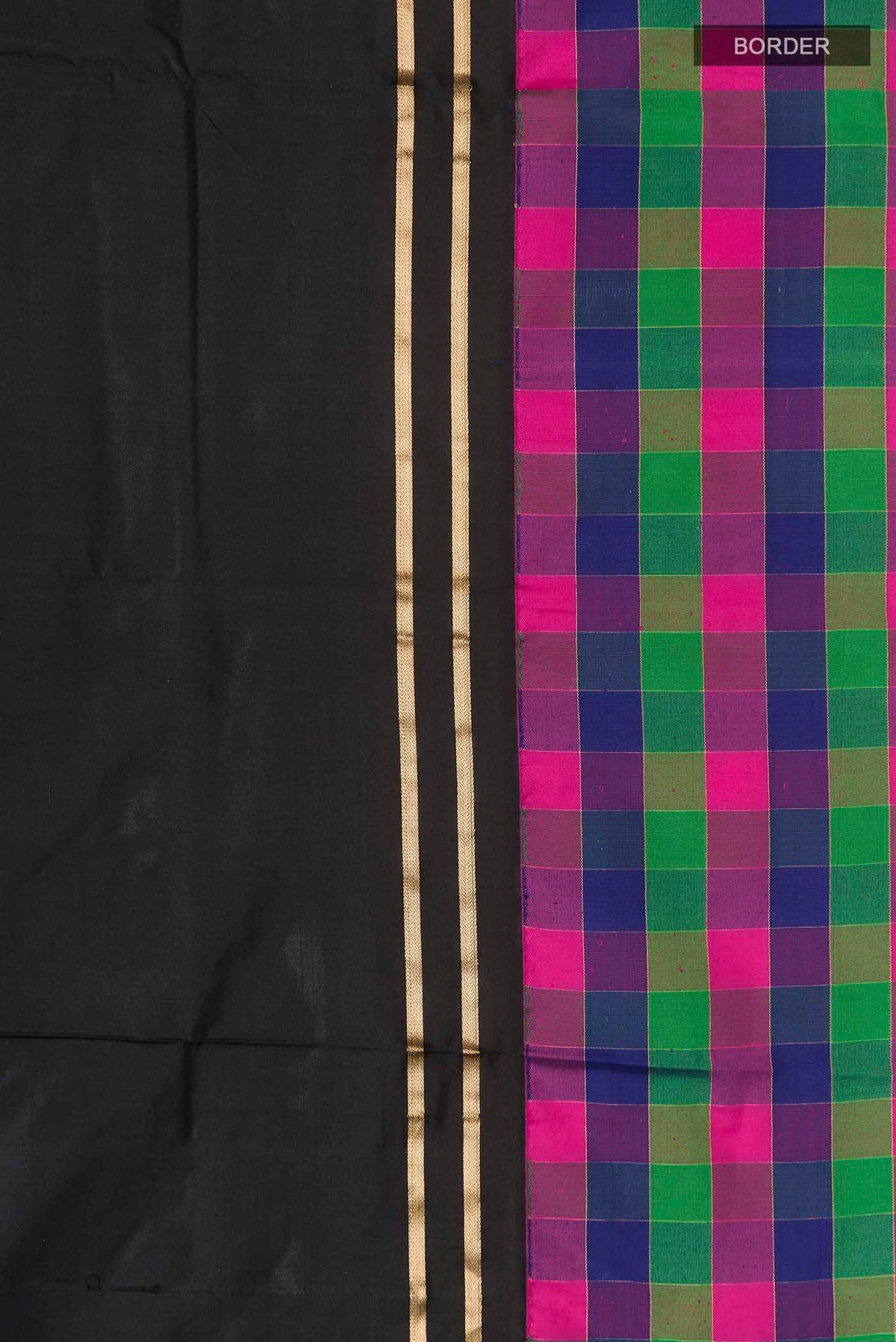 Border image of Black Bangalore Silk Saree with Plain Body and Checks Border