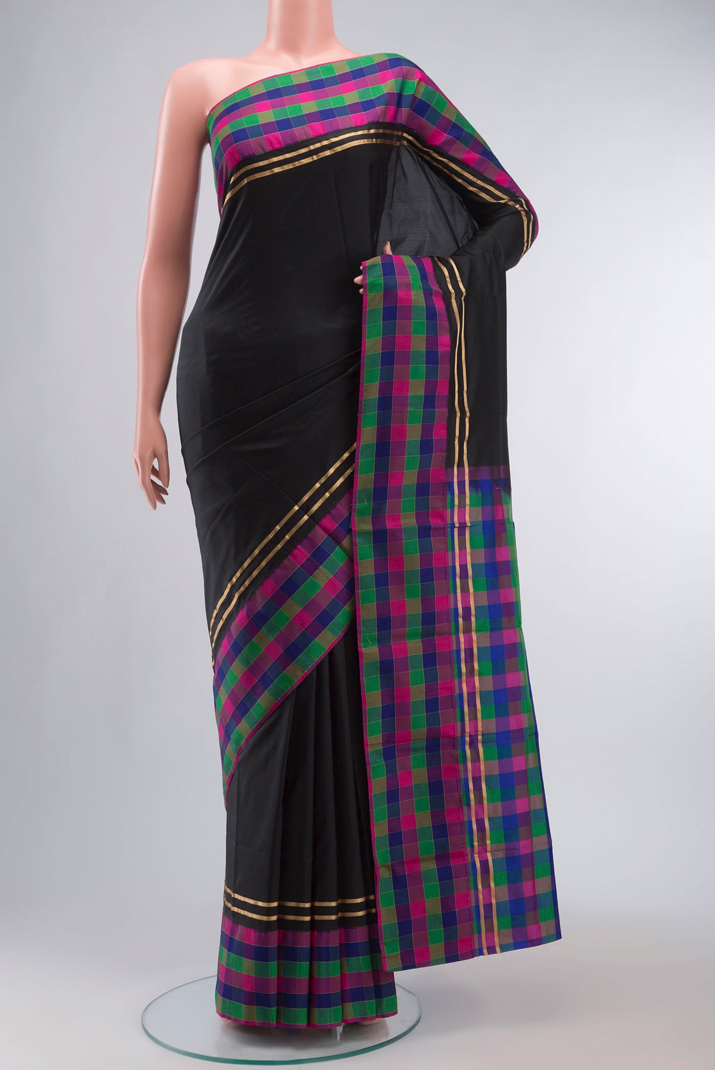 Black Bangalore Silk Saree with Plain Body and Checks Border displayed on a mannequin