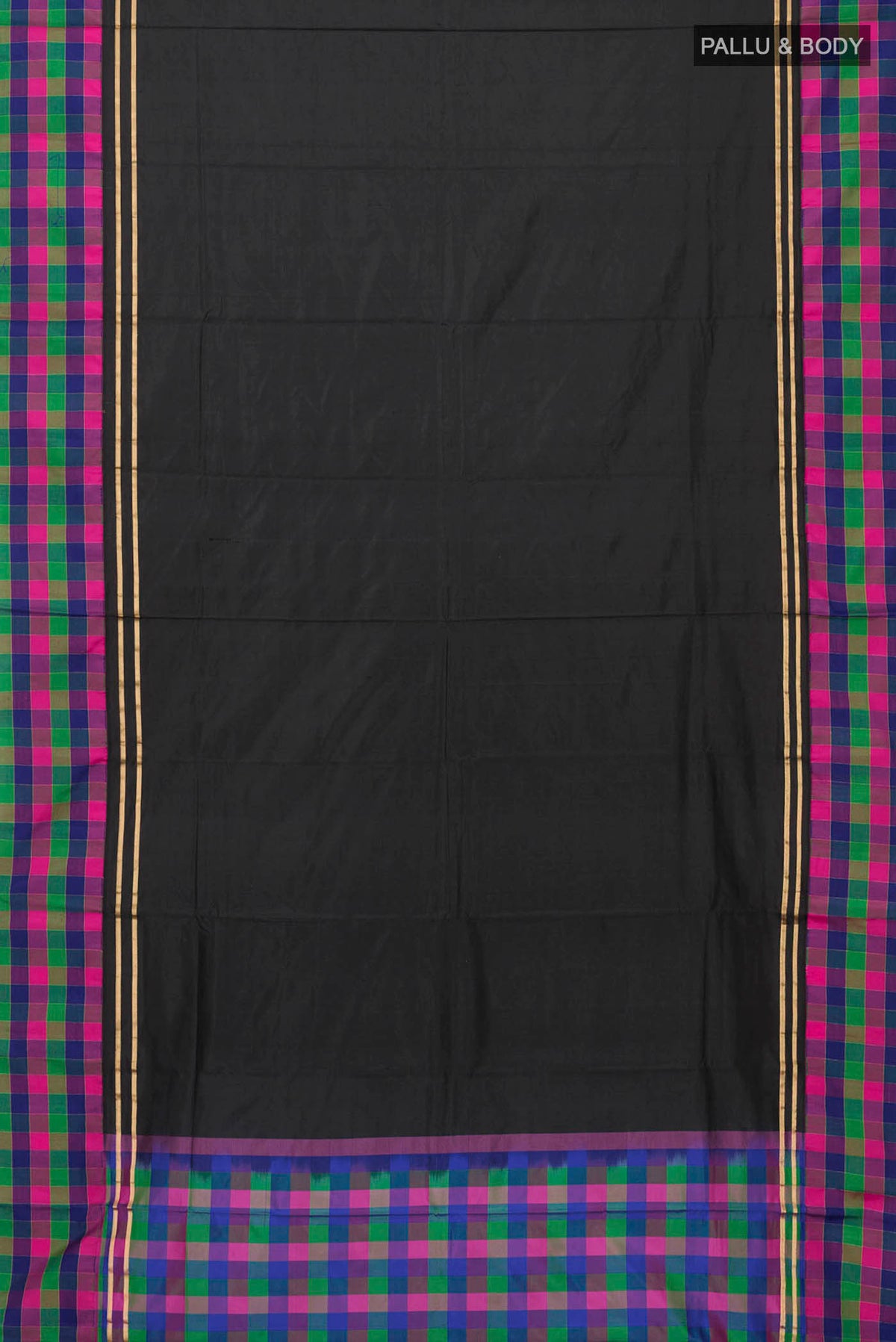 Flat view of Black Bangalore Silk Saree with Plain Body and Checks Border