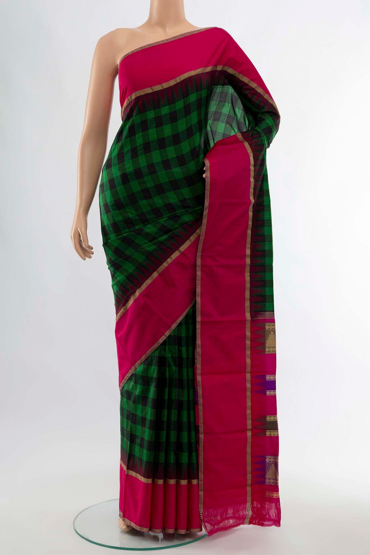 Multi Color Bangalore Silk - kadyal Saree with Zari Brocade on the body and Silk Border displayed on a mannequin