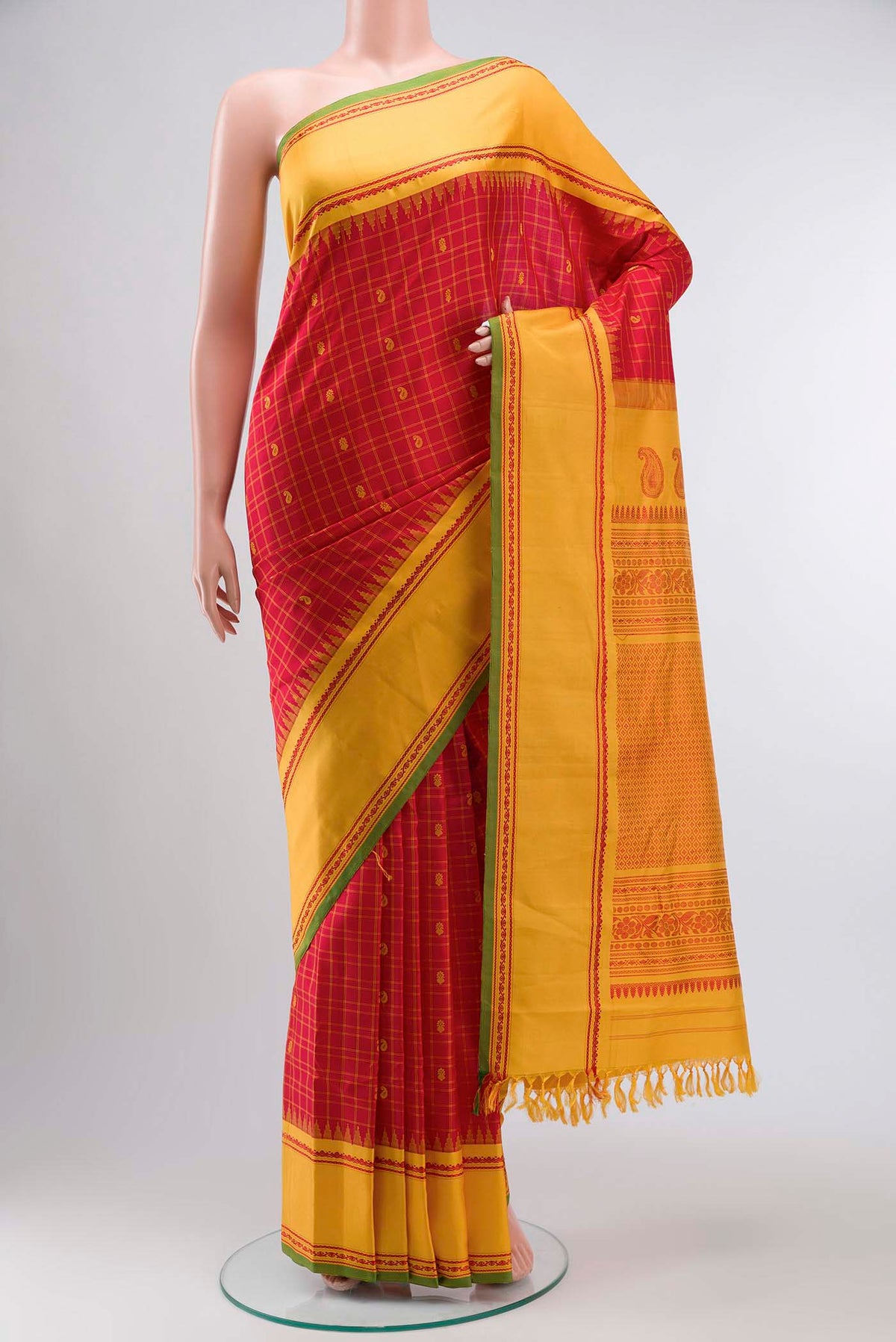 Red Gadwal Silk Saree with Thread Butta on the body and Thread Border displayed on a mannequin