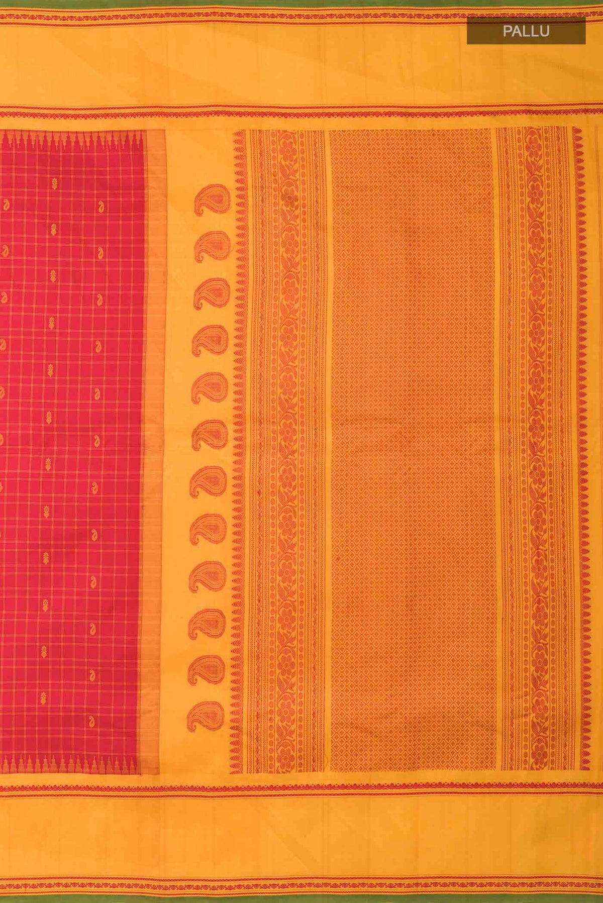 Close up image of the pallu of Red Gadwal Silk Saree with Thread Butta on the body and Thread Border