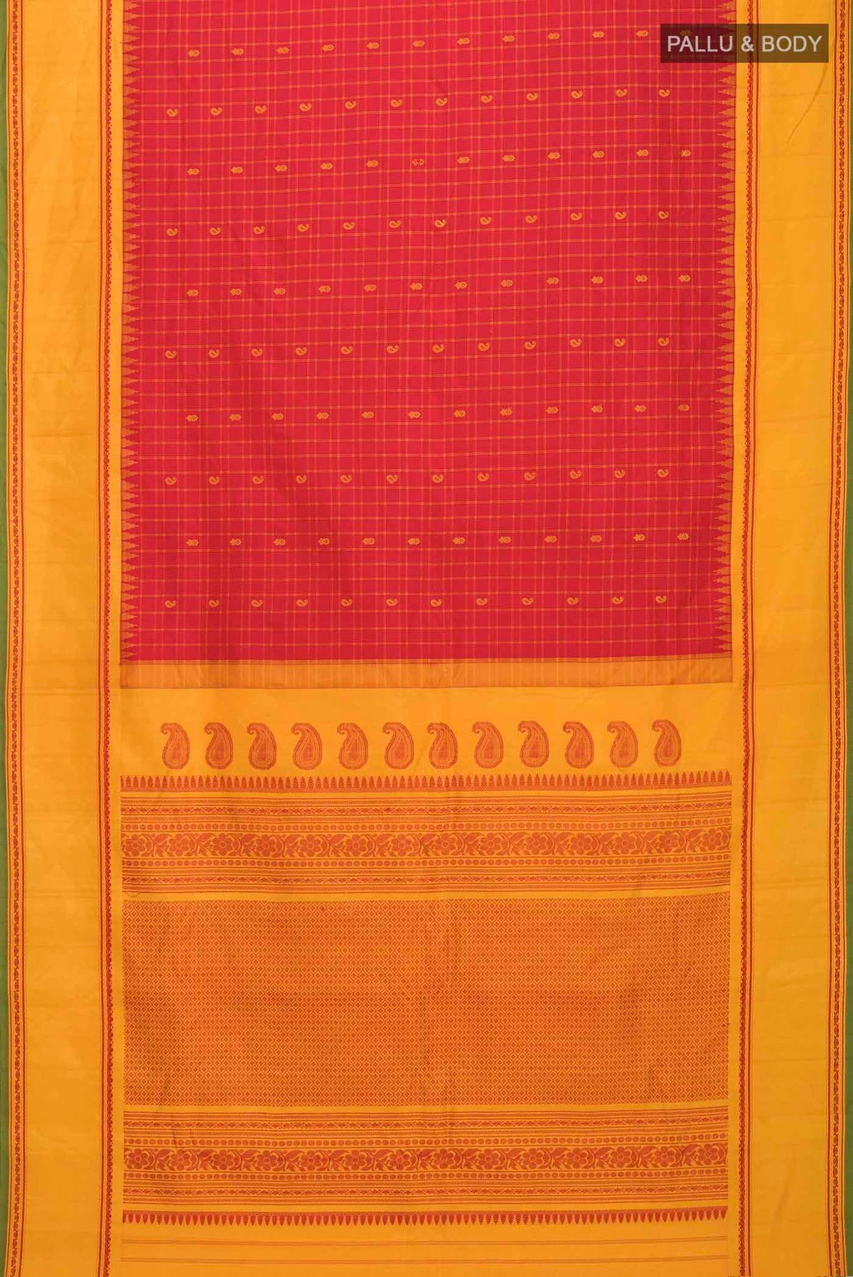 Flat view of Red Gadwal Silk Saree with Thread Butta on the body and Thread Border