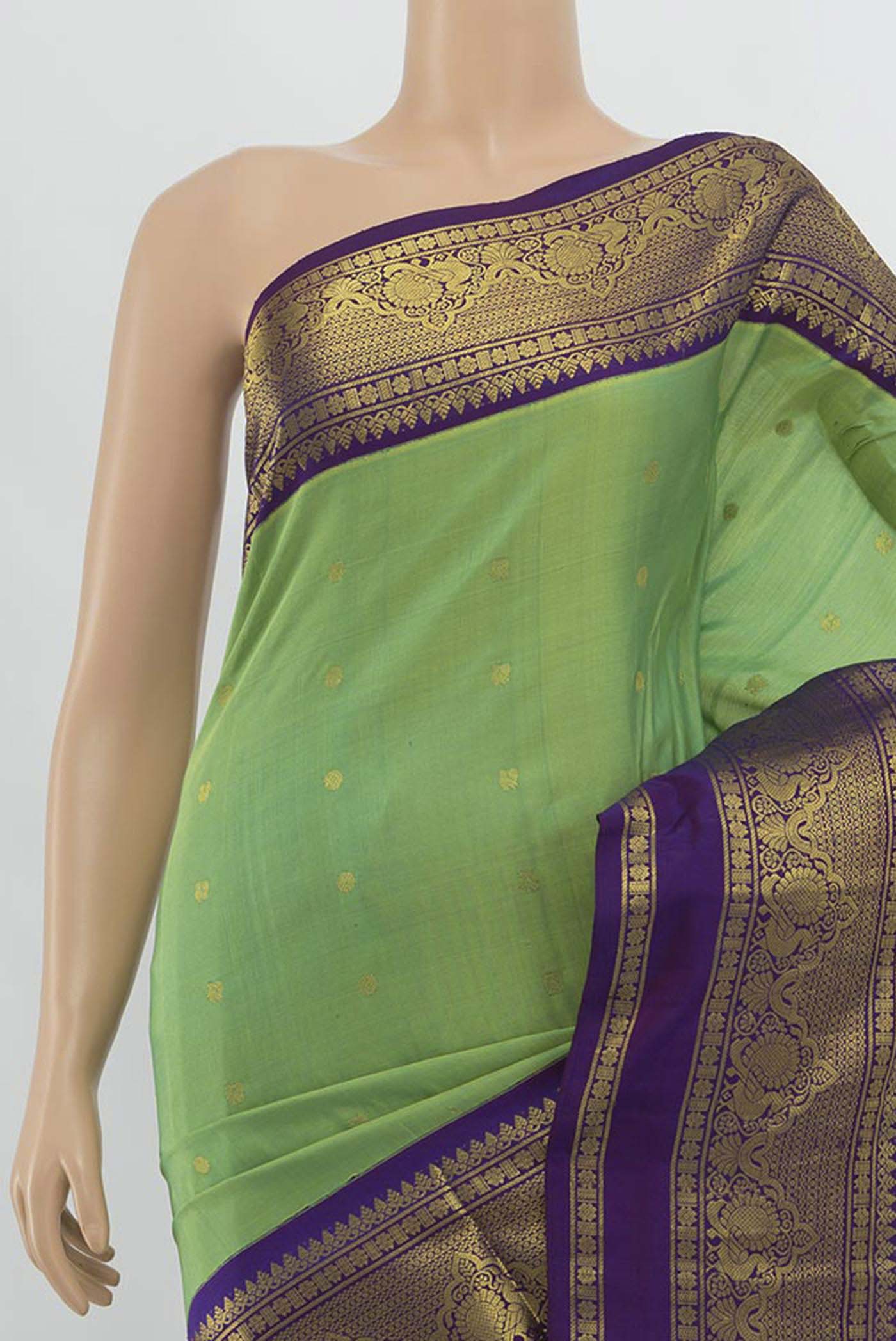 Border image of Parrot Green Gadwal Silk Saree with Zari Butta on the body and Silk Border. 