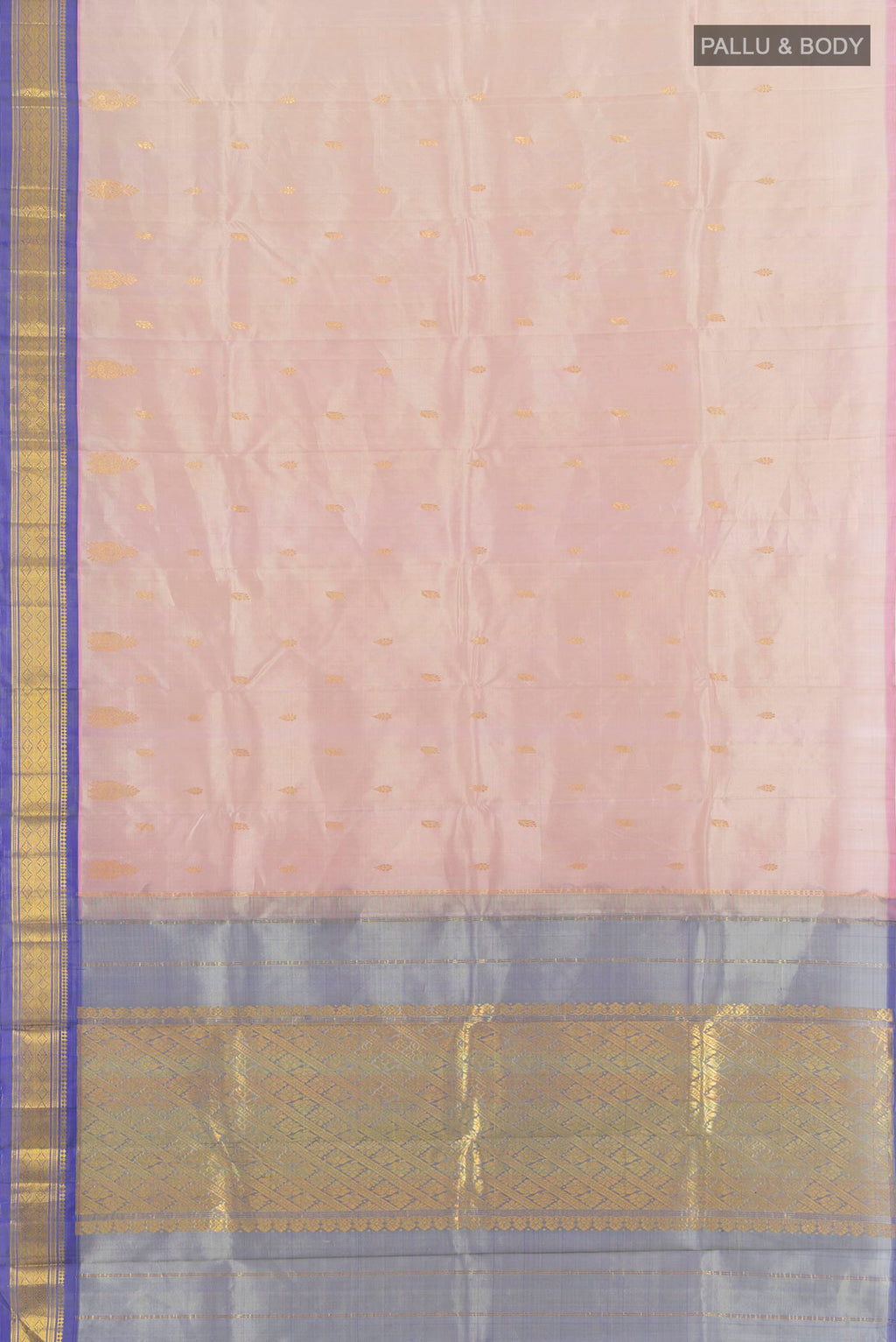 Flat view of Rose pink Kanchipuram Silk Saree with Zari Butta on the body and One Side Border. 