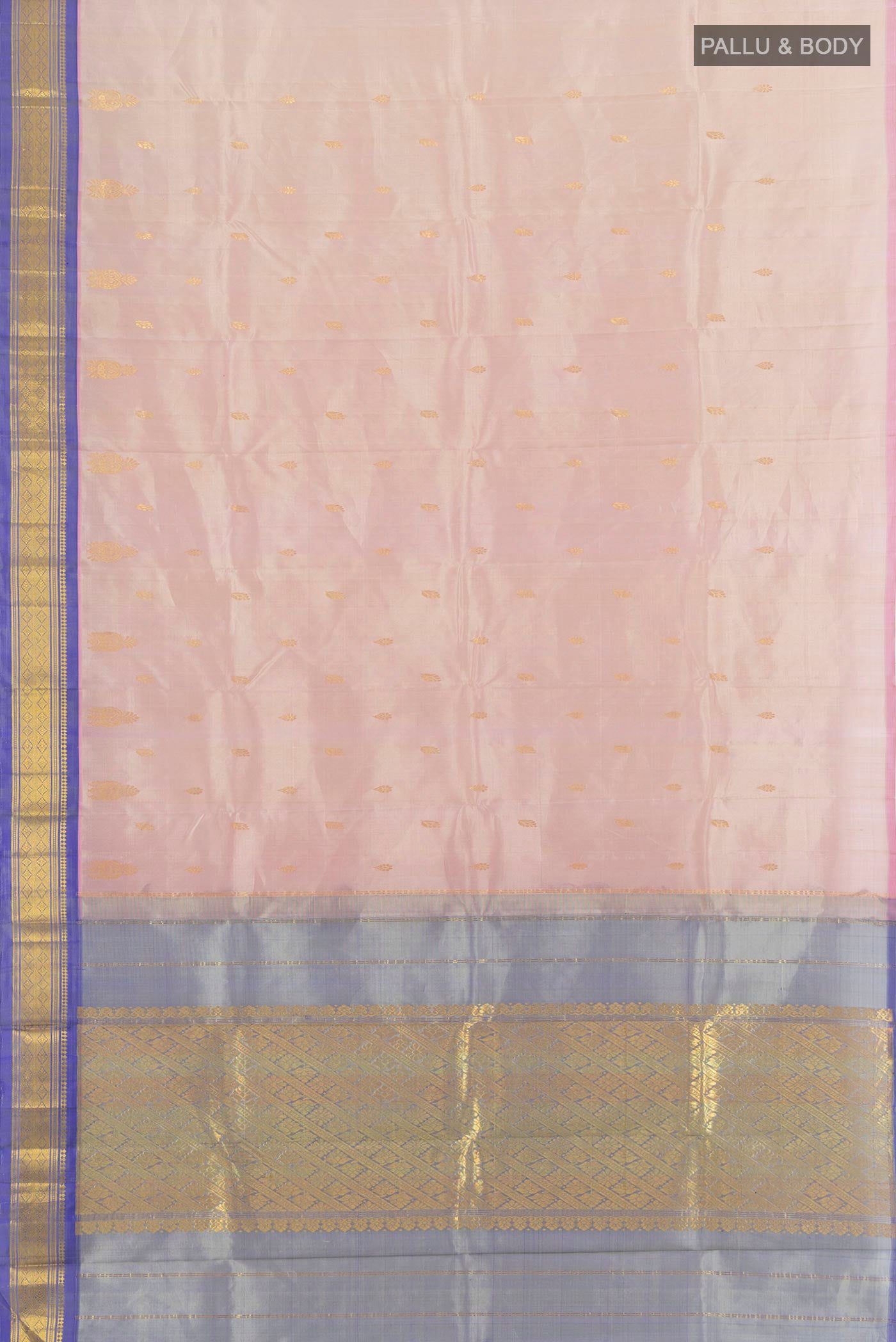 Flat view of Rose pink Kanchipuram Silk Saree with Zari Butta on the body and One Side Border. 