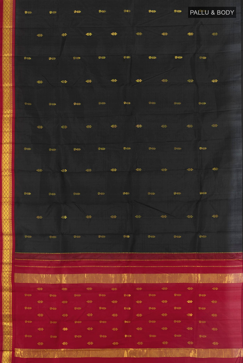 Flat view of Black Kanchipuram Silk Saree with Zari Butta on the body and One Side Border. 