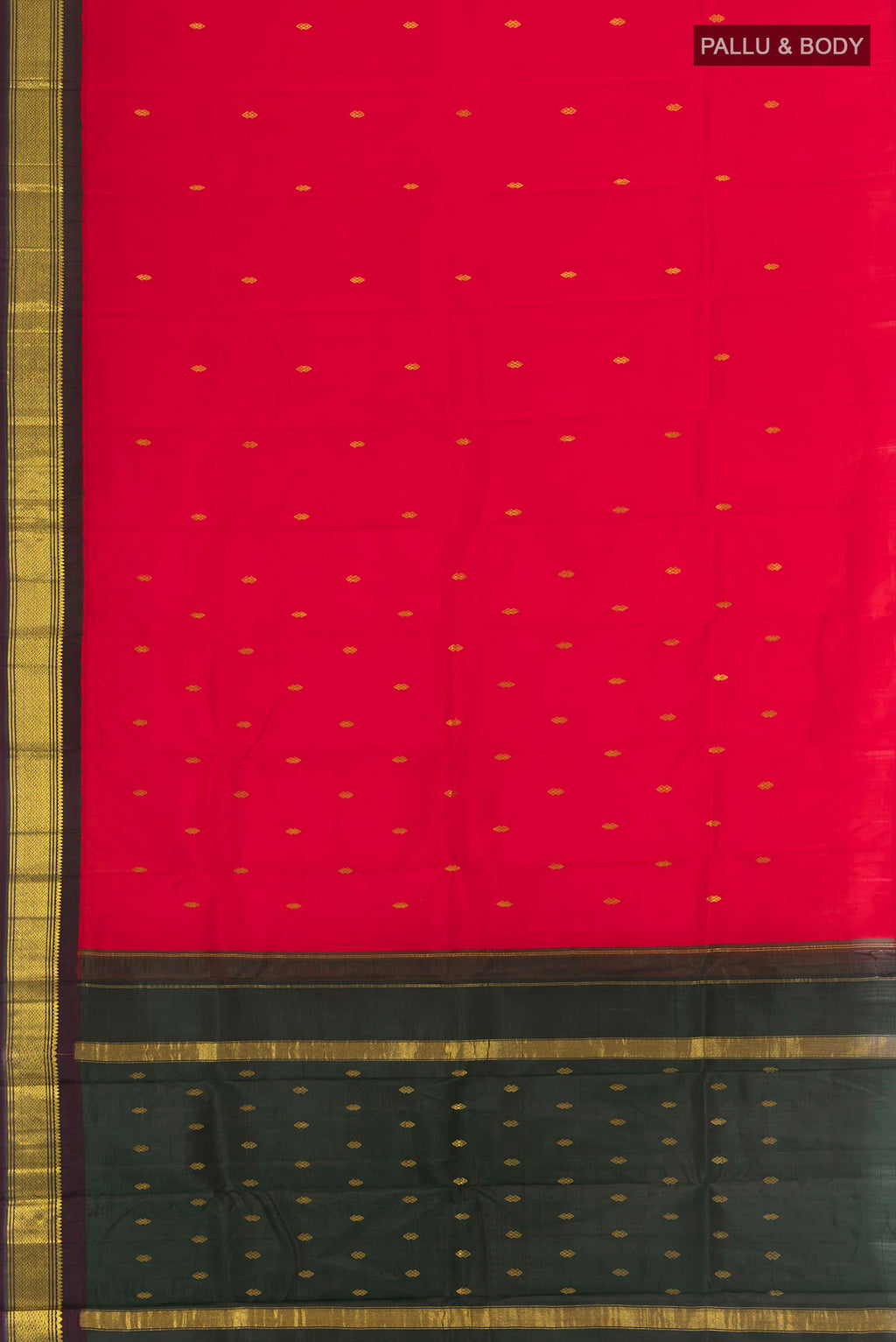 Flat view of Red Kanchipuram Silk Saree with Zari Butta on the body and One Side Border. 