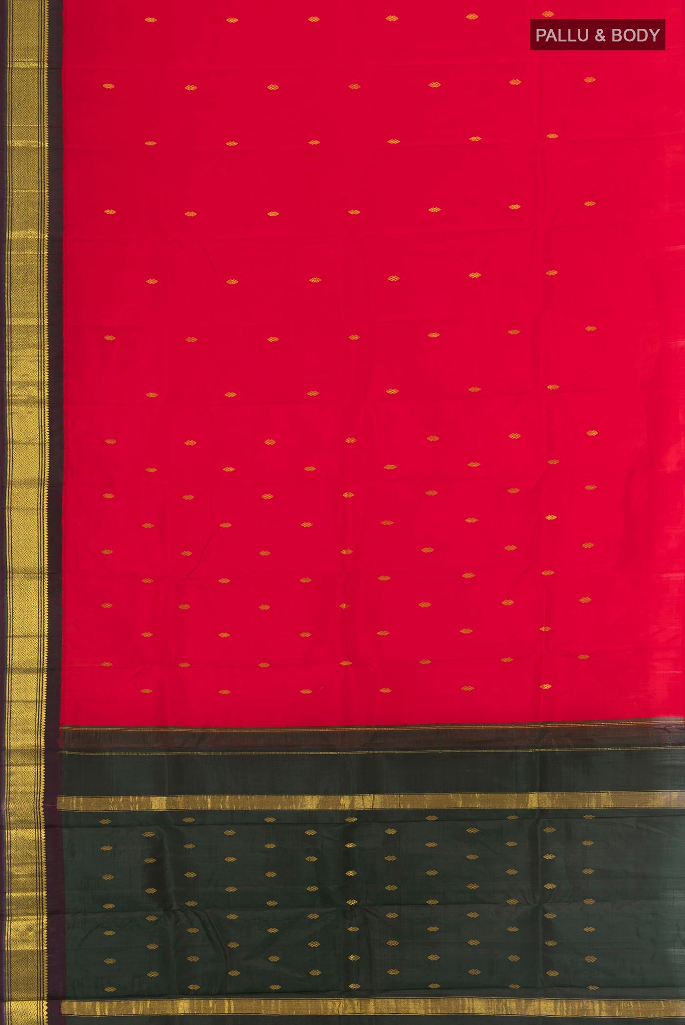 Flat view of Red Kanchipuram Silk Saree with Zari Butta on the body and One Side Border. 
