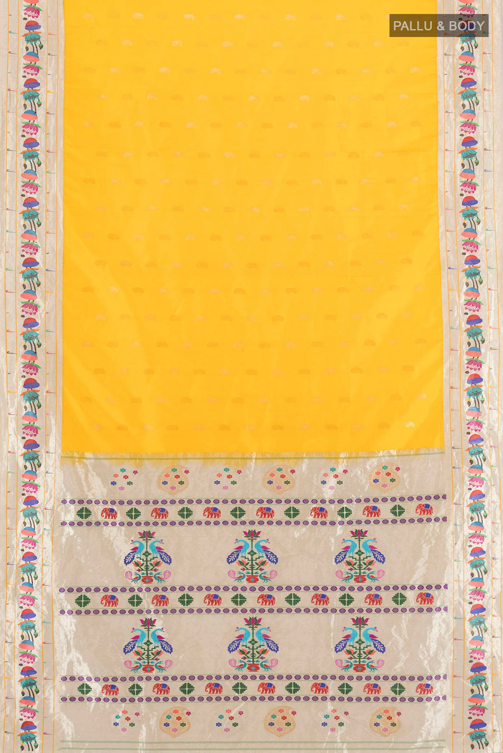 Flat view of Yellow Gadwal Silk Saree with Zari Butta on the body and Paithani Border. 