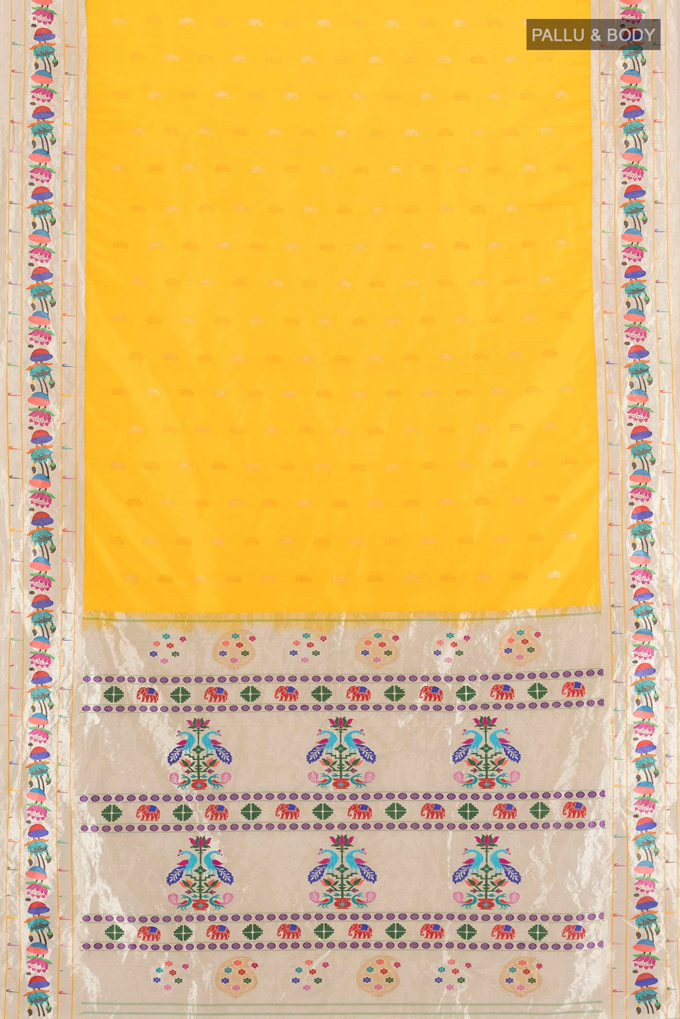 Flat view of Yellow Gadwal Silk Saree with Zari Butta on the body and Paithani Border. 