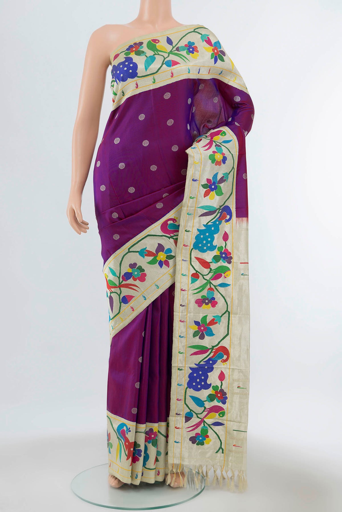 Pure Silk Pure Zari Purple Gadwal Saree with Zari Butta on the body and Paithani Border displayed on a mannequin