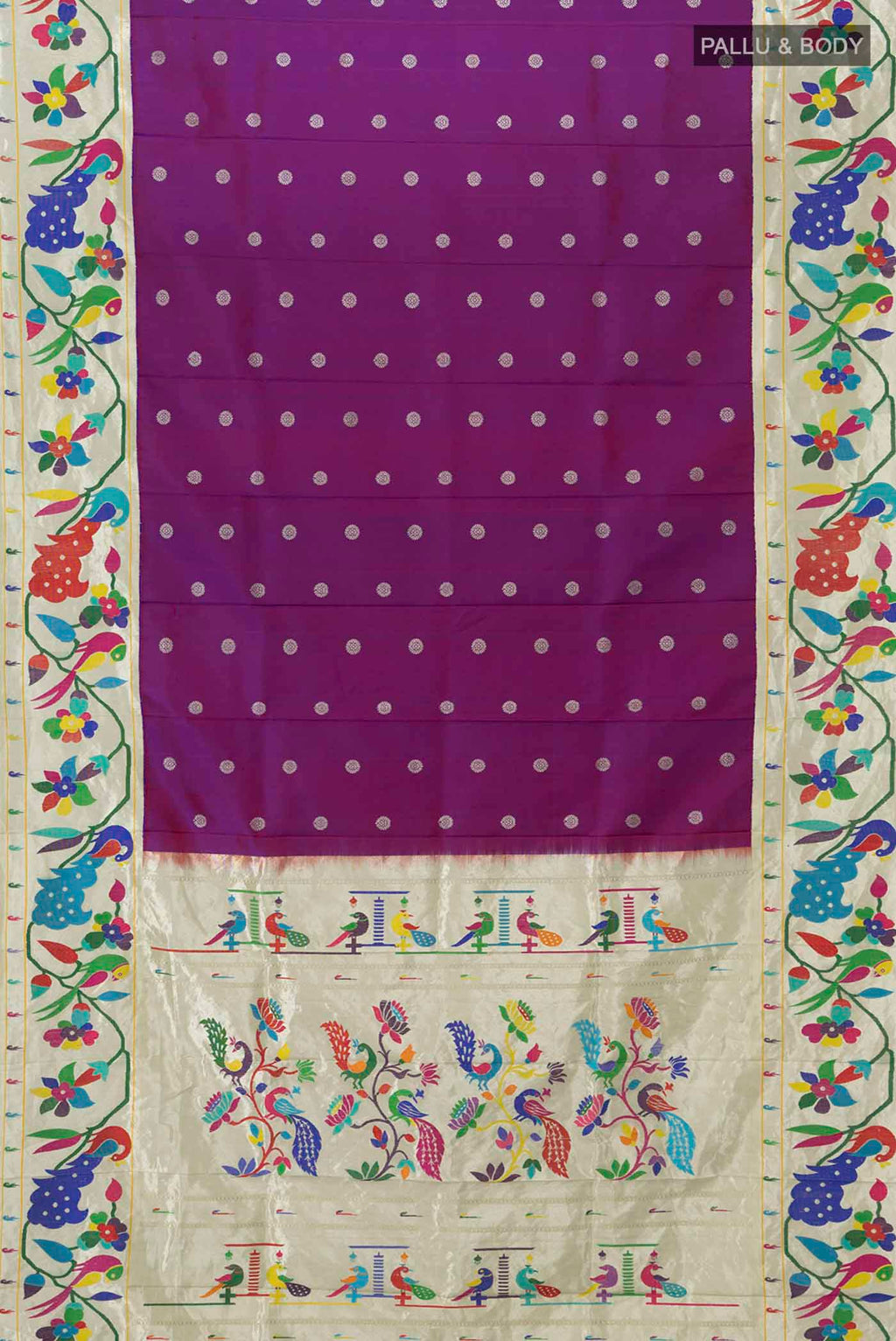 Flat view of Pure Silk Pure Zari Purple Gadwal Saree with Zari Butta on the body and Paithani Border