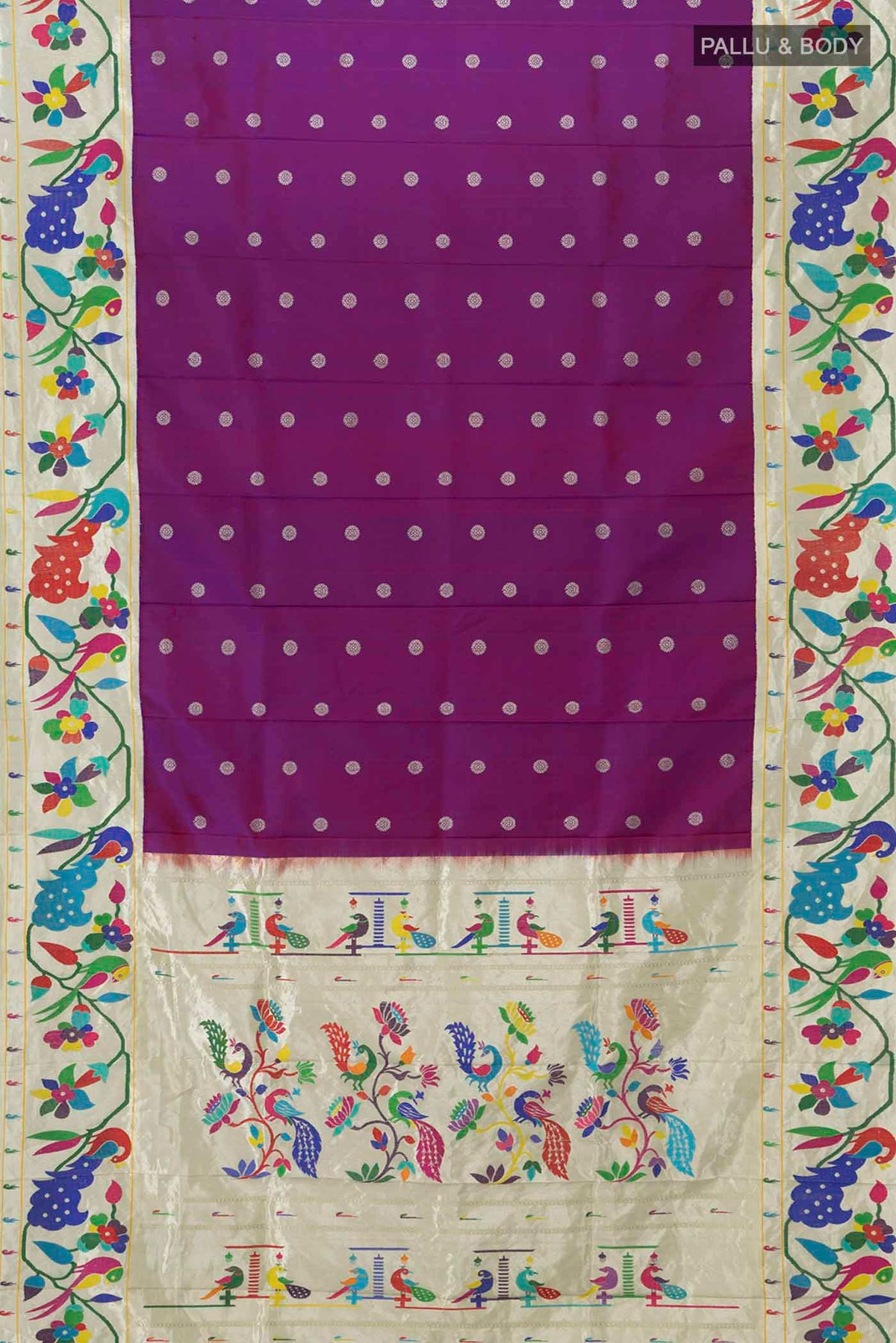 Flat view of Pure Silk Pure Zari Purple Gadwal Saree with Zari Butta on the body and Paithani Border