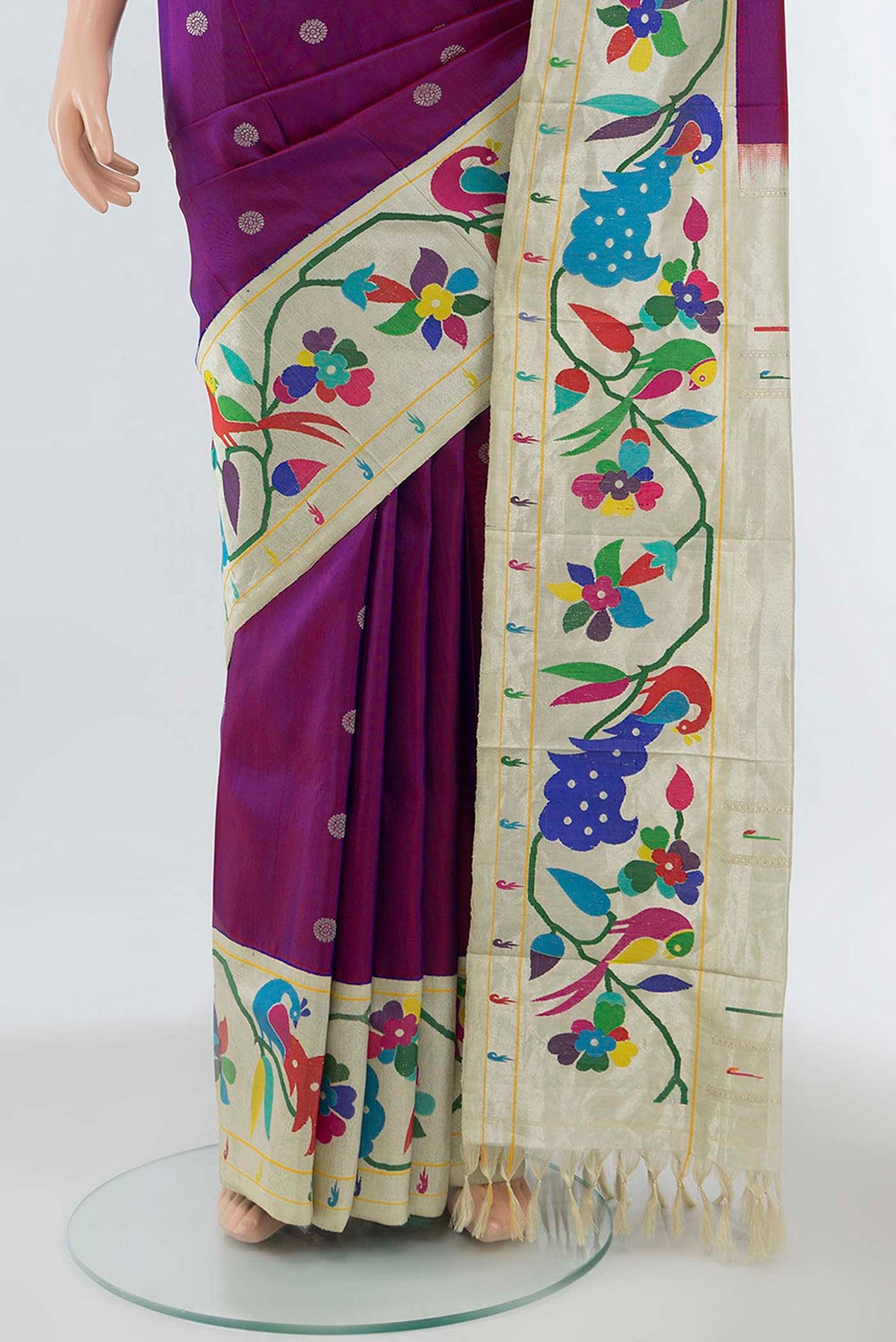 Pleats and pallu of Pure Silk Pure Zari Purple Gadwal Saree with Zari Butta on the body and Paithani Border