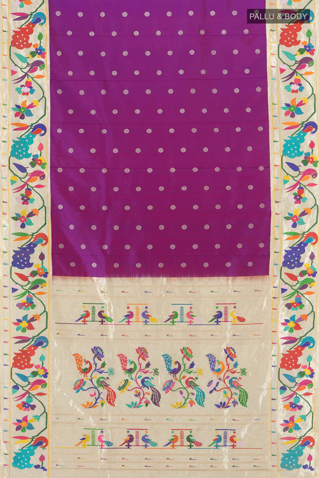 Flat view of Purple Gadwal Silk Saree with Zari Butta on the body and Paithani Border. 