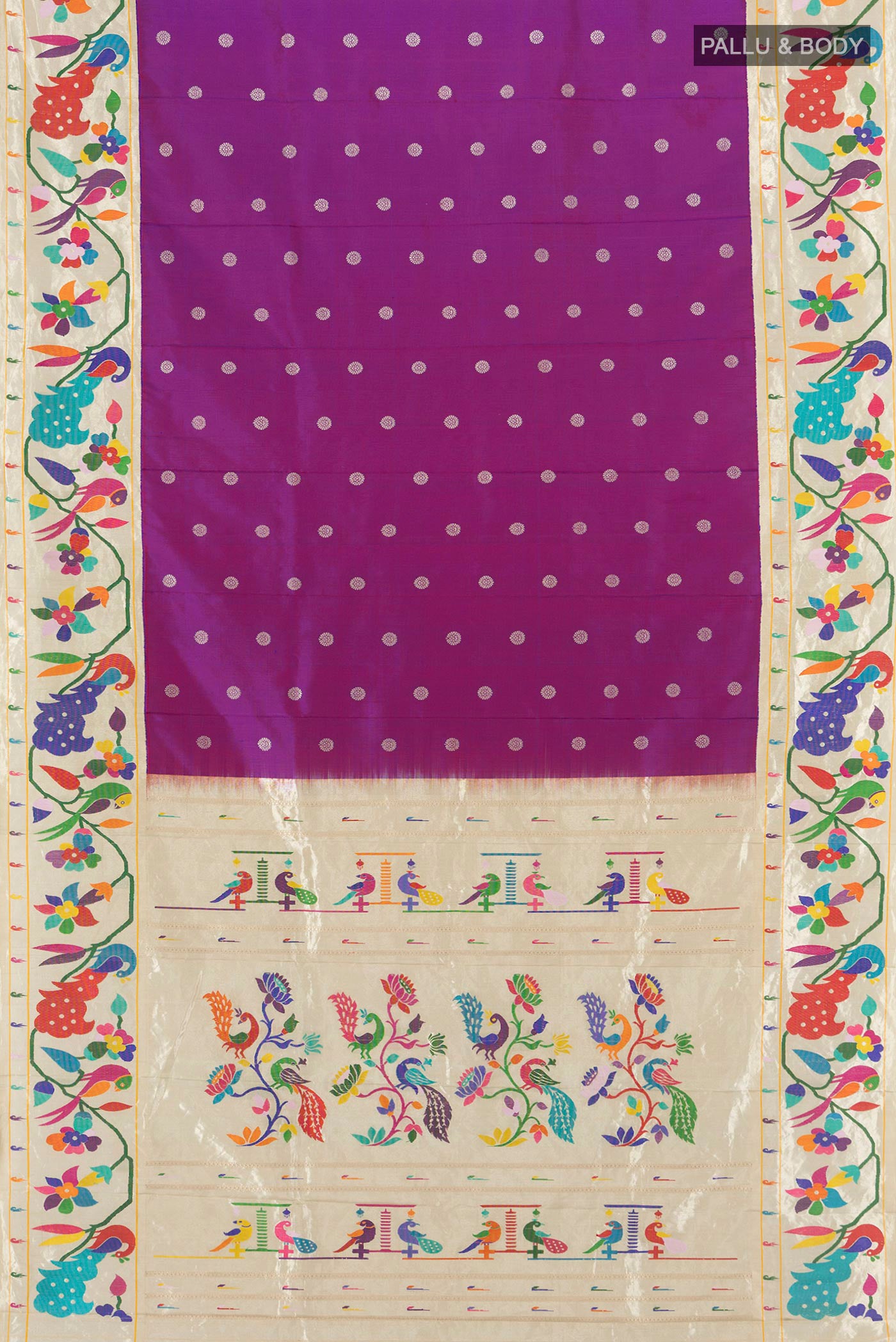 Flat view of Purple Gadwal Silk Saree with Zari Butta on the body and Paithani Border. 