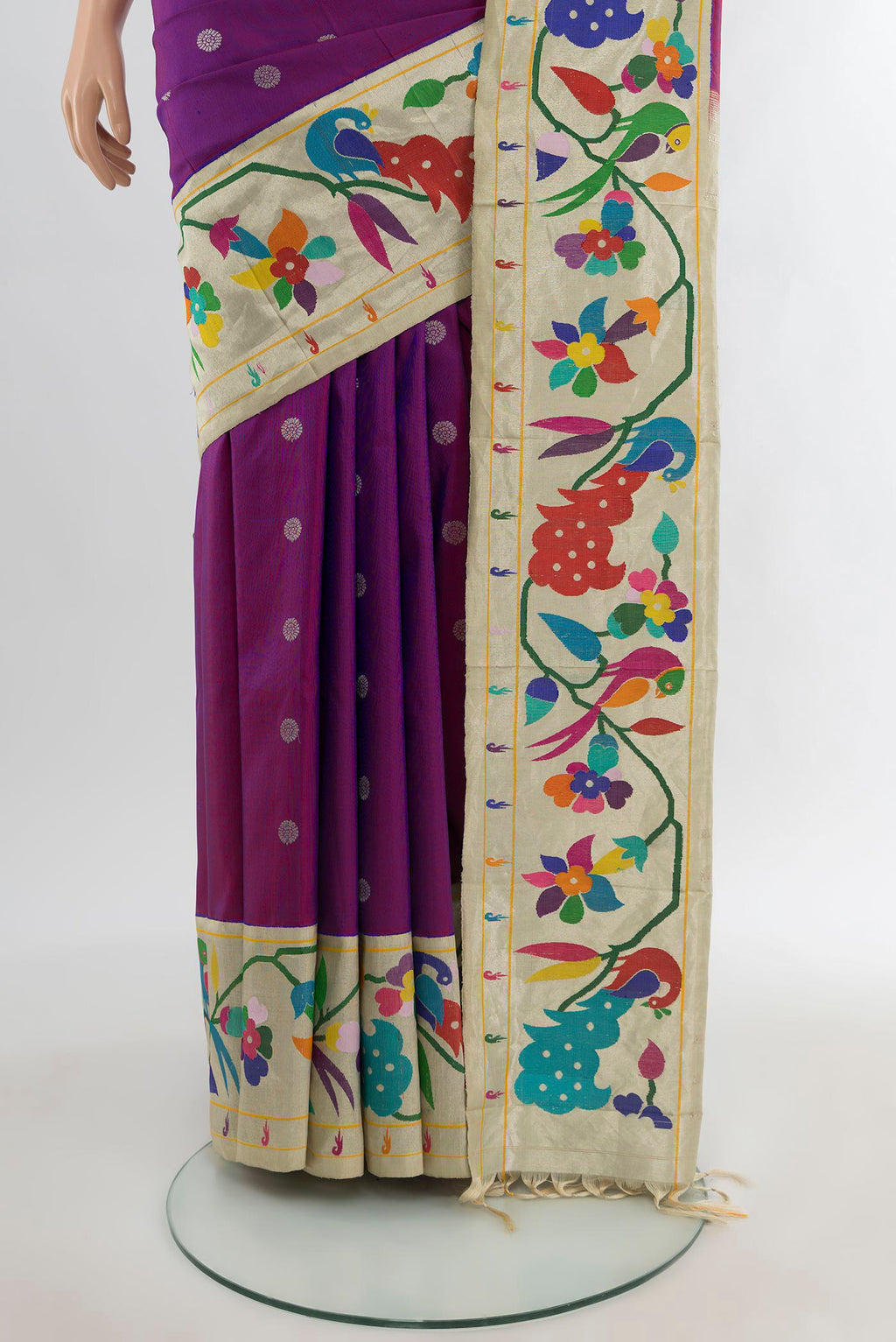 Pleats and pallu of Purple Gadwal Silk Saree with Zari Butta on the body and Paithani Border. 