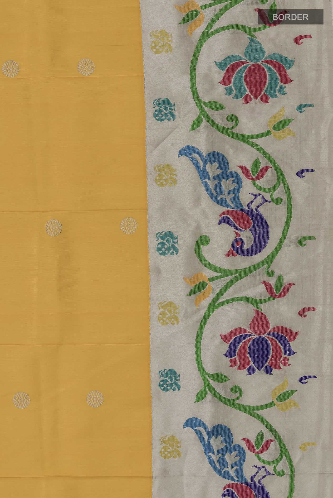 Border image of Yellow Paithani Silk Saree with Zari Butta on the body and Zari And Thread Border