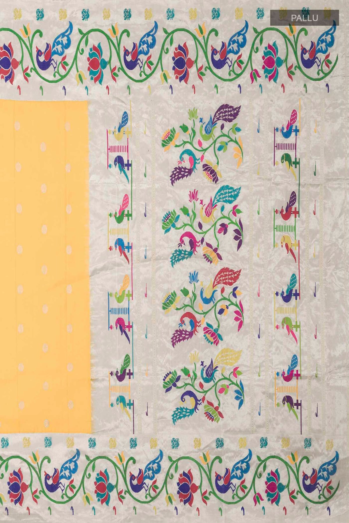 Close up image of the pallu of Yellow Paithani Silk Saree with Zari Butta on the body and Zari And Thread Border