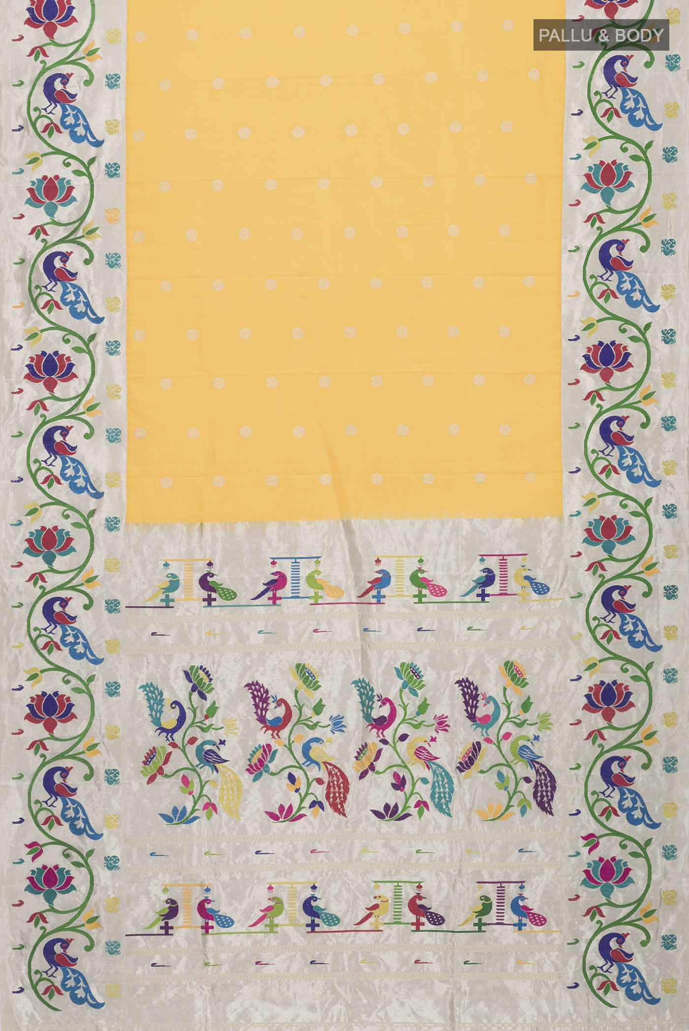 Flat view of Yellow Paithani Silk Saree with Zari Butta on the body and Zari And Thread Border