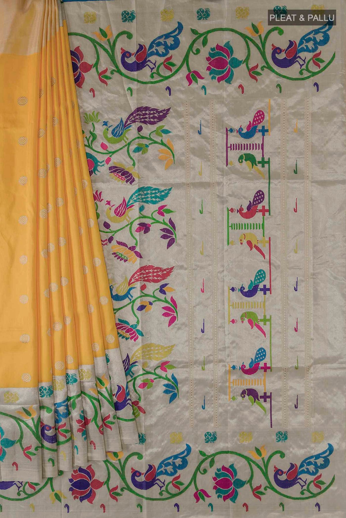 Pleats and pallu of Yellow Paithani Silk Saree with Zari Butta on the body and Zari And Thread Border